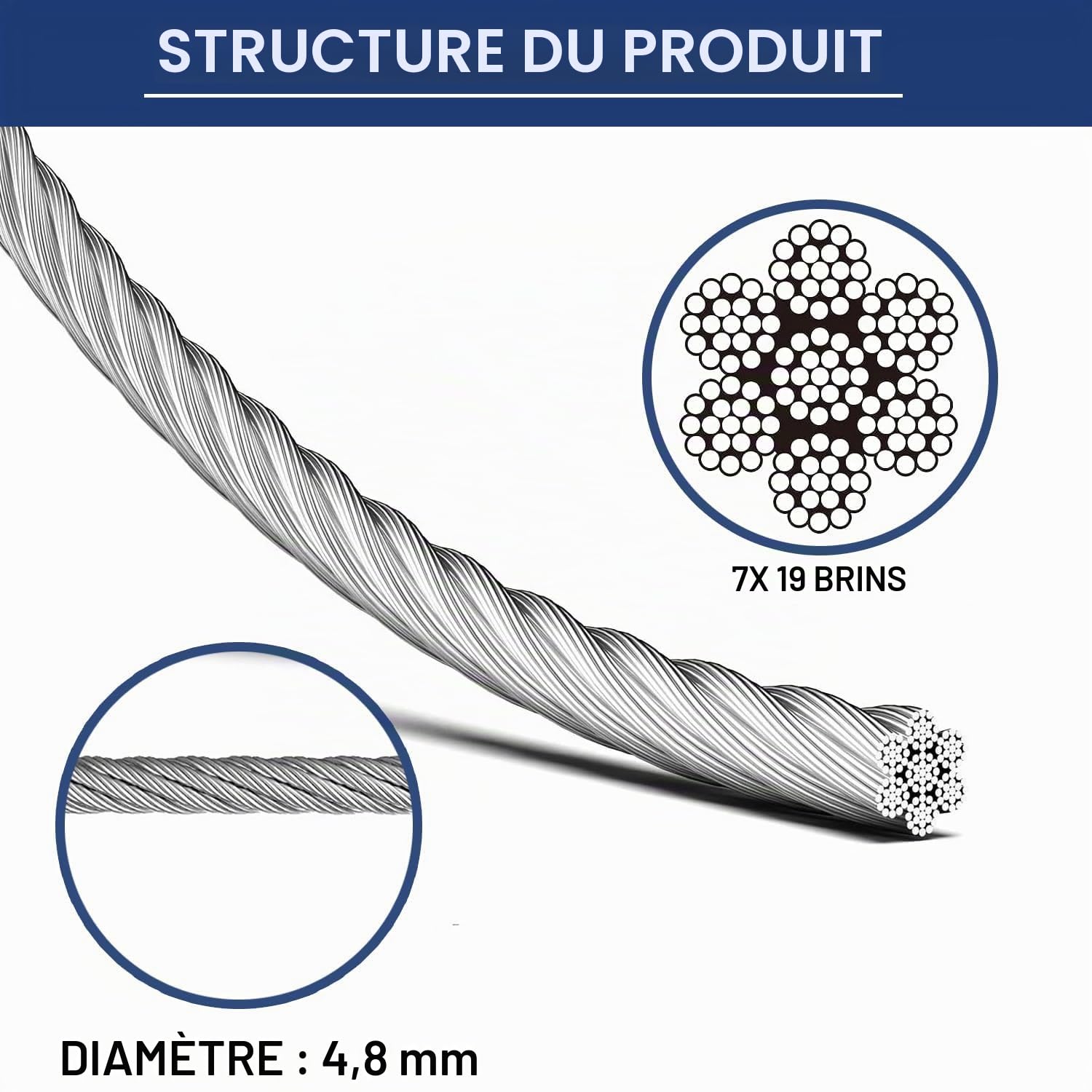 Cable inox 5mm, 46 Mètres Câble Métallique, Câble en Acier Inoxydable 304, 7×19 Brins Câble en Acier avec Boucles pour Tyrolienne, Garde-Corps de, Résistant à une Charge de 1600kg