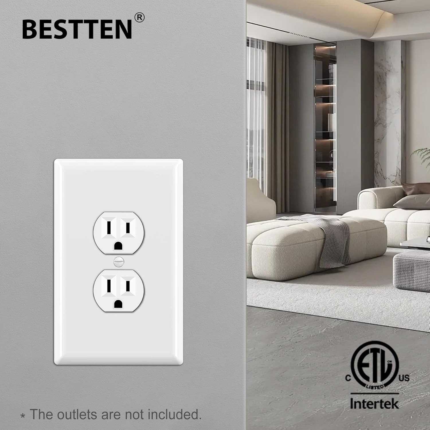 BESTTEN 10 Pack 1-Gang Jumbo Duplex Receptacle Outlet Wall Plate, Over-Size Unbreakable Polycarbonate Electrical Outlet Plate and Switch Cover, ETL Listed, White