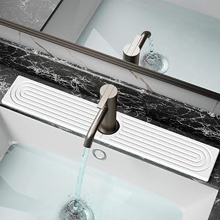DK177 Diatomite Fast Drying Faucet Mat for Kitchen Sink, Water Absorbing Stone Tray, Faucet Splash Guard for Bathroom Counter, White, 23.6" x 4"