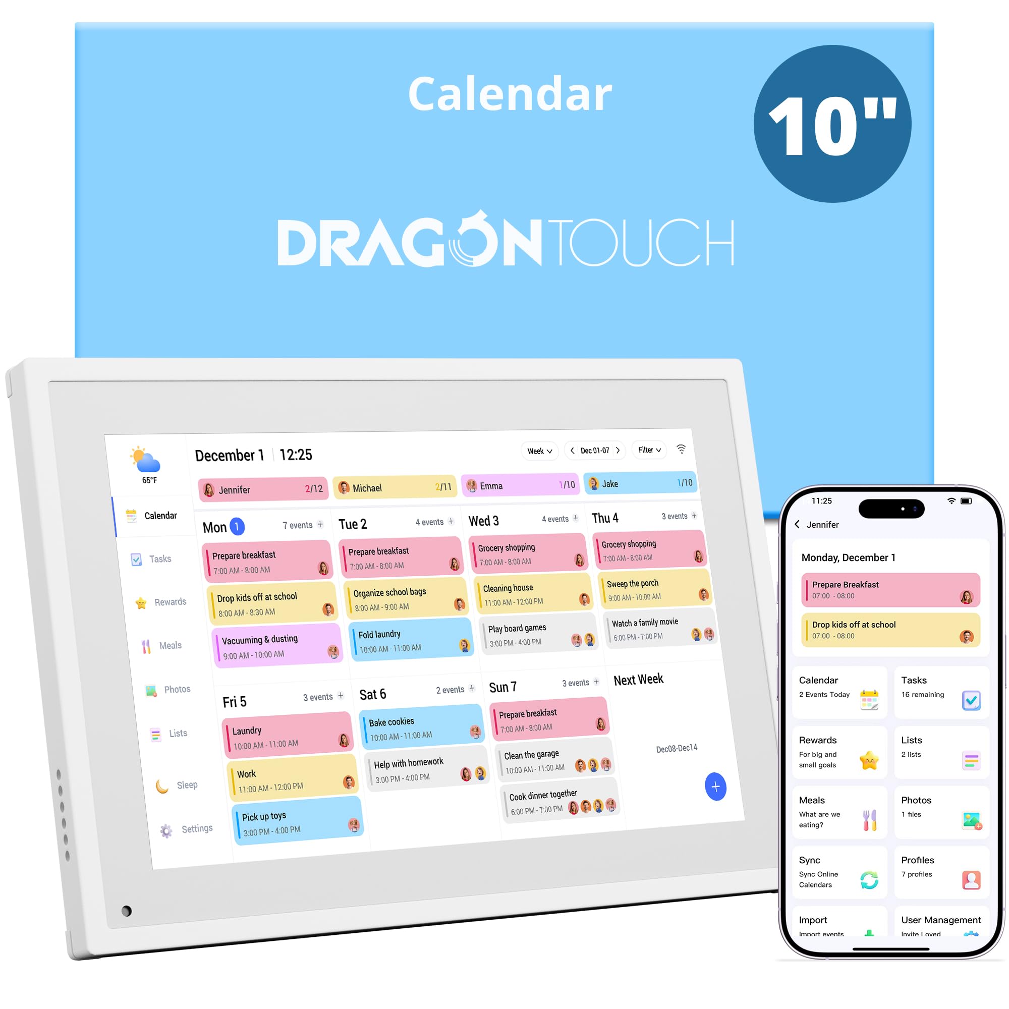 Dragon Touch 10.1 inch Digital Calendar Chore Chart – Interactive Touchscreen, Smart Family Planner, Hearth Display Desk Digital Calendar Best Gifts for Christmas, Wedding, Mom