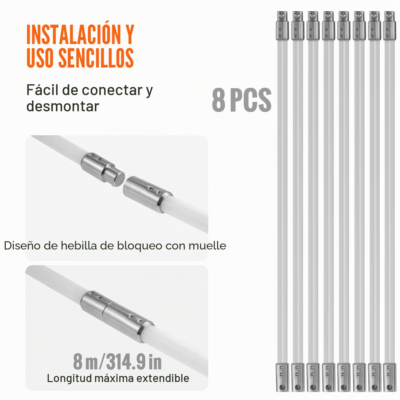 VEVOR Kit de Deshollinador de Chimeneas 8 m Cepillo de Limpieza de 360° con 8 Varillas Flexibles Nailon Accesorios para Conductos de Chimeneas Uso Doméstico Adecuado para la Mayoría de los Conductos