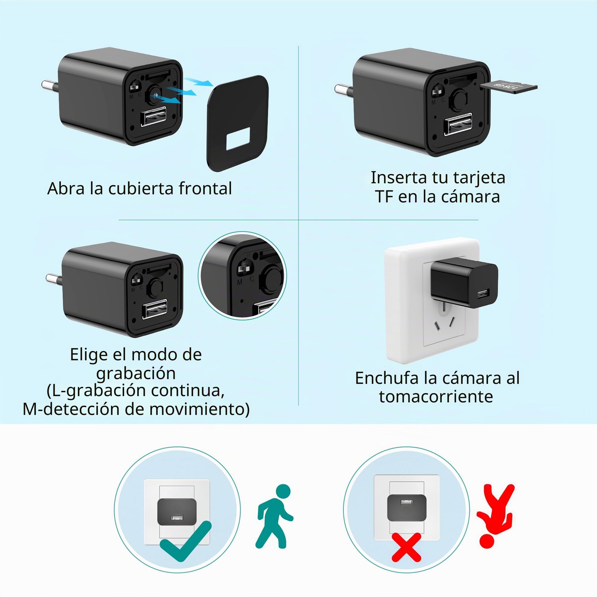 DUVIX Cámara Espía Oculta 64GB con Cargador USB, Cámara de Vigilancia 1080P HD con Detección de Movimiento, Mini Cámara de Seguridad Portátil para Casa y Oficina