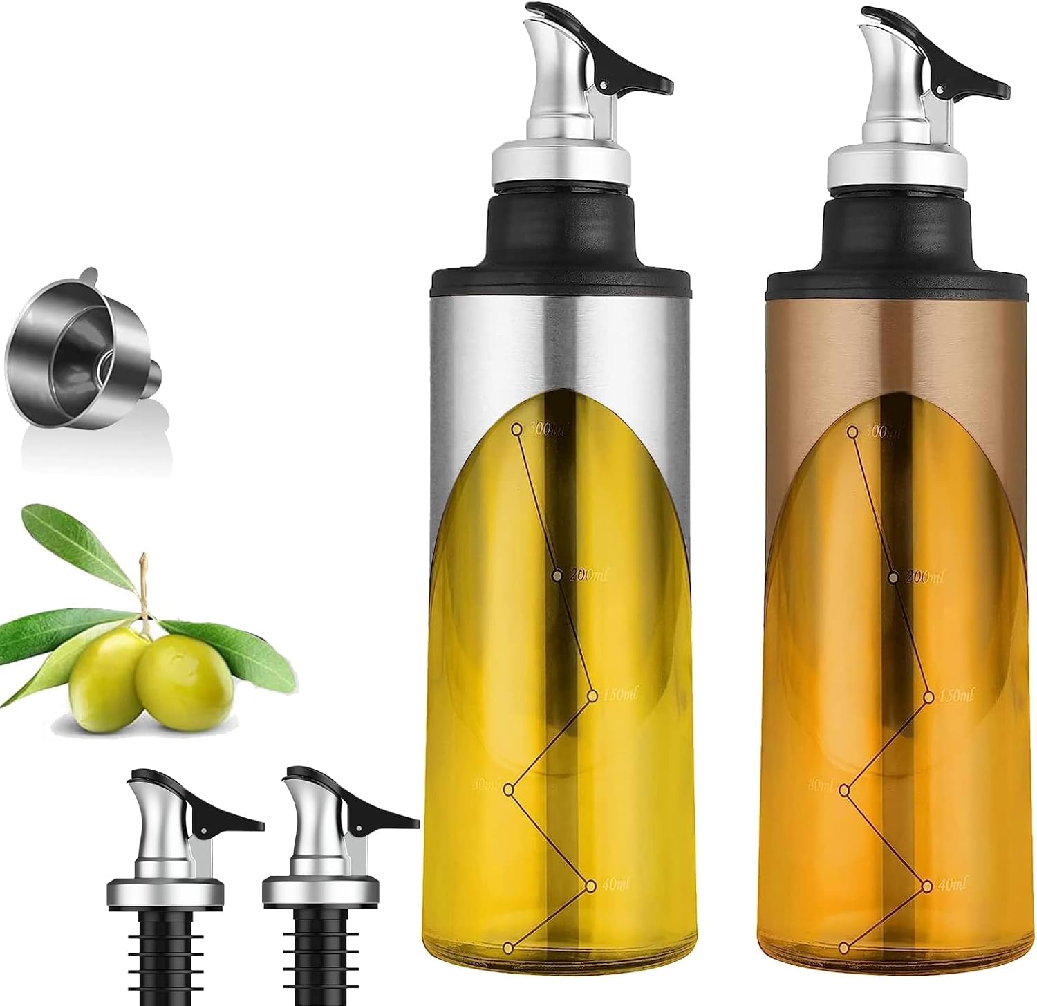 Oil Dispenser Bottles,HOMGEN Popular 2Pcs 380ml Stainless Steel &Glass
