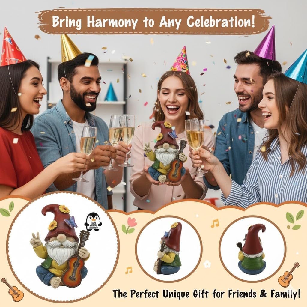 Peace Sign Garden Gnome Figurine Outdoor Statue, Funny Guitar Playing Dwarf Rock Music Decor - 6‘’ Resin Lawn Ornament, Unique Housewarming Gift for Music Lovers & Gardeners (Red) - Image 7