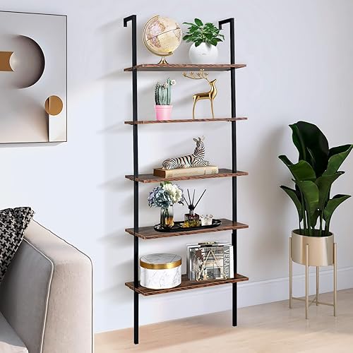 Miniatura 13 de Estantería de escalera de 5 niveles para montar en la pared, estantería de escalera con marco de metal y estante de madera, estantería de Roble,Gris