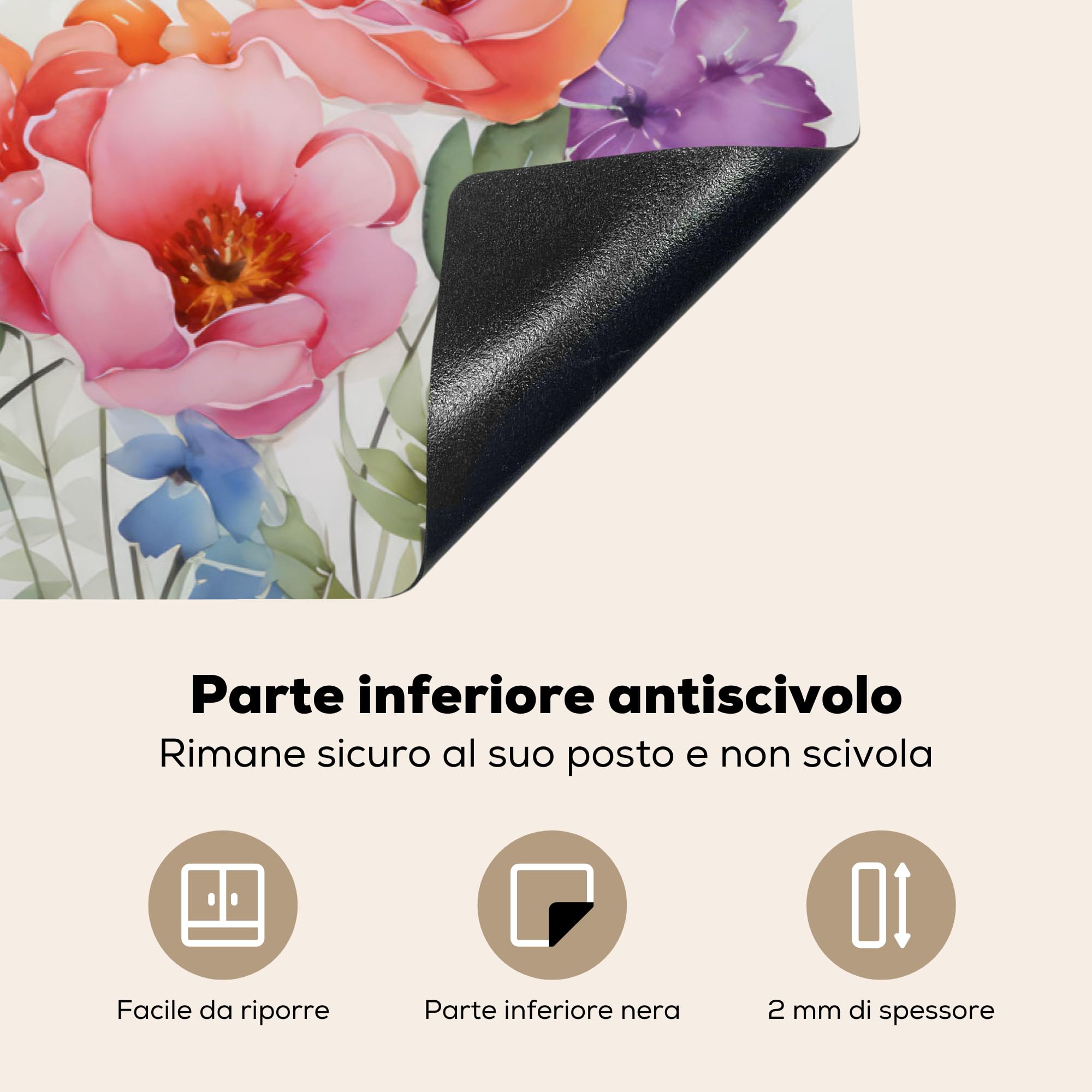 KitchenYeah© Protezione Piano Induzione 80x52 cm Cucina Copri Fornelli Proteggi di Cottura Antiscivolo Tappetino Acquerello - Fiori - Primavera - Natura