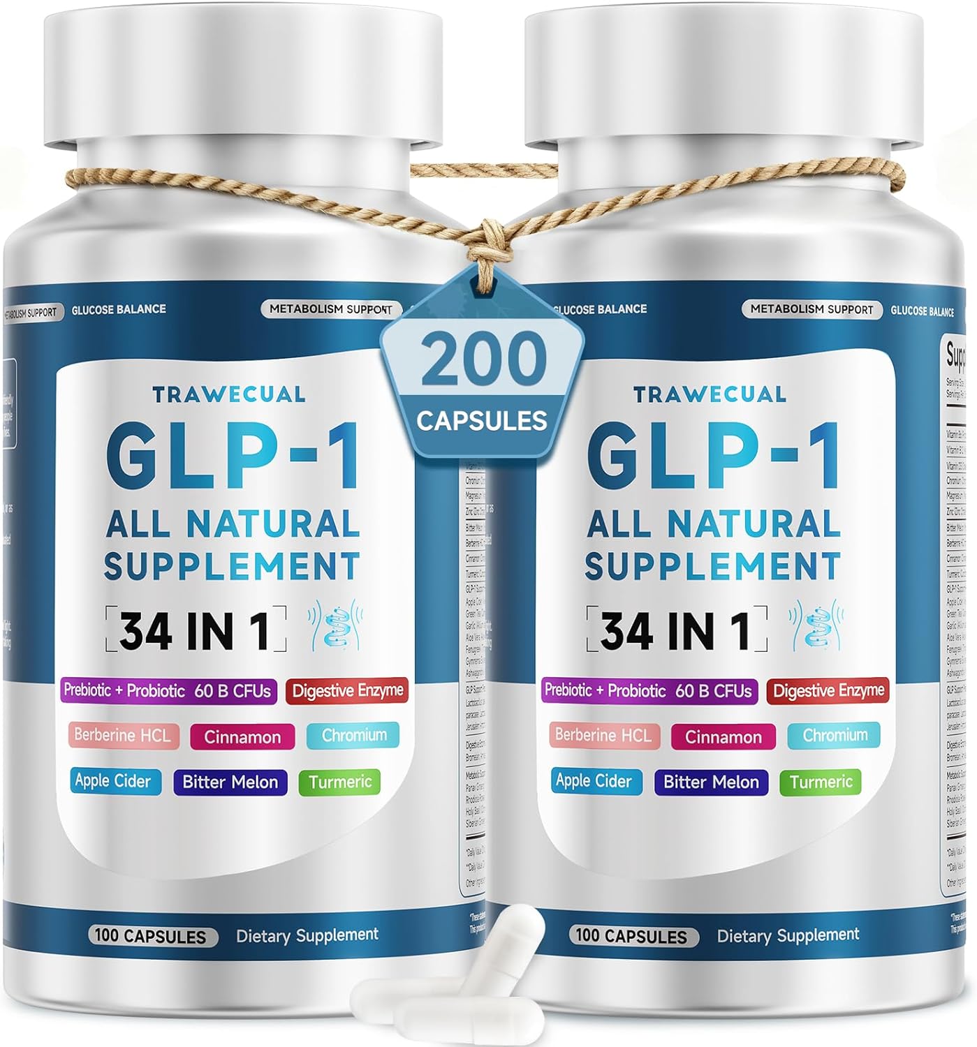 GLP-1 Supplement, 34-in-1 Formula to Support Healthy GLP1 Levels, digestion & Gut Health, with Berberine, Bitter Melon, Cinnamon, Turmeric, Probiotics, Prebiotics & Digestive Enzymes, 200 Capsules