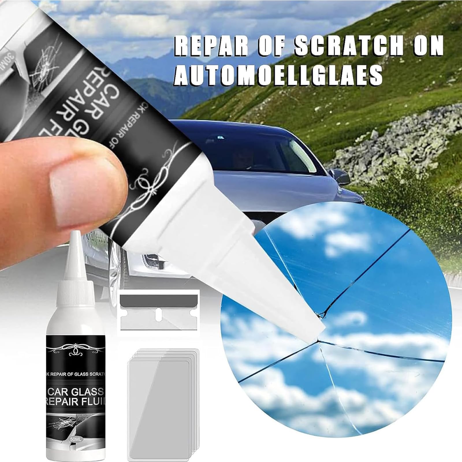 Liquido per la Riparazione Del Vetro,Kit Riparazione Parabrezza Auto,Colla per la Riparazione Fai Da Te per Auto,Liquido per Riparazione Vetri Auto,Kit Riparazione Crepe Vetro,2PC