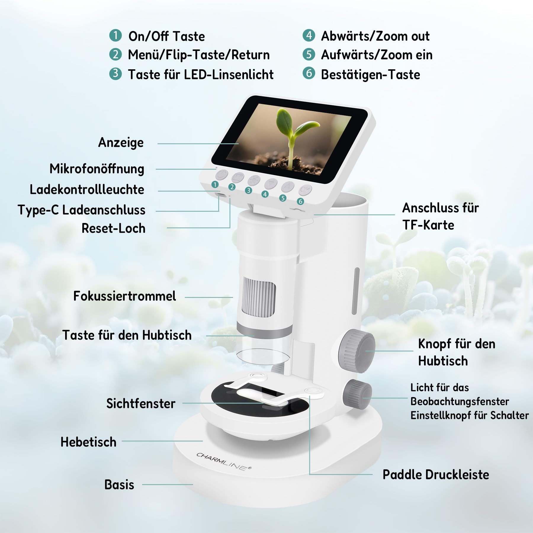 Charmline 3-in-1 Digital Kinder Mikroskop, Geschenk für Kinder ab 6 Jahren, als Handheld oder stationär nutzbar, Indoor & Outdoor Naturbeobachtung, 1000X, inkl. 32GB SD-Karte