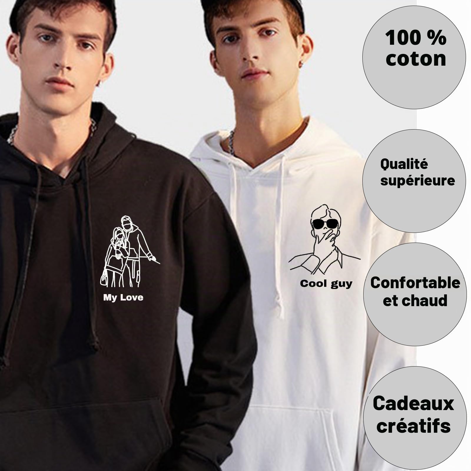 Sweat à Capuche Personnalisé Créez Votre Propre Sweat à Capuche Portrait de Photo Cadeau de Saint-Valentin pour Hommes et Femmes