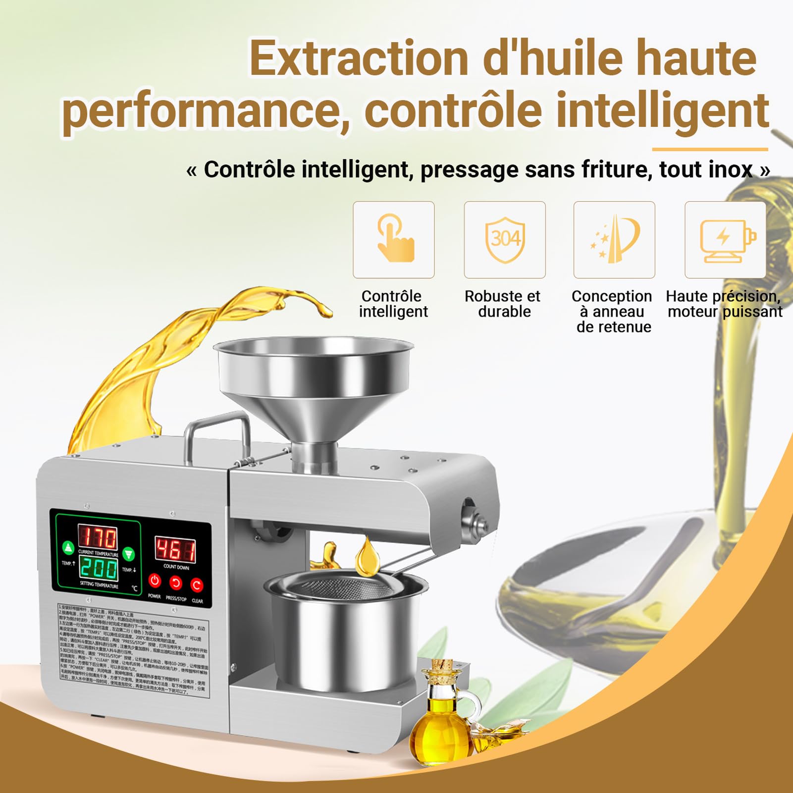 Presse-huile électrique automatique à presse à huile, Extracteur Chaud Et Froid Contrôle, presse-huile commerciale, presse huile olive, pour Graines de Lin Cacahuètes Sésame Tournesol
