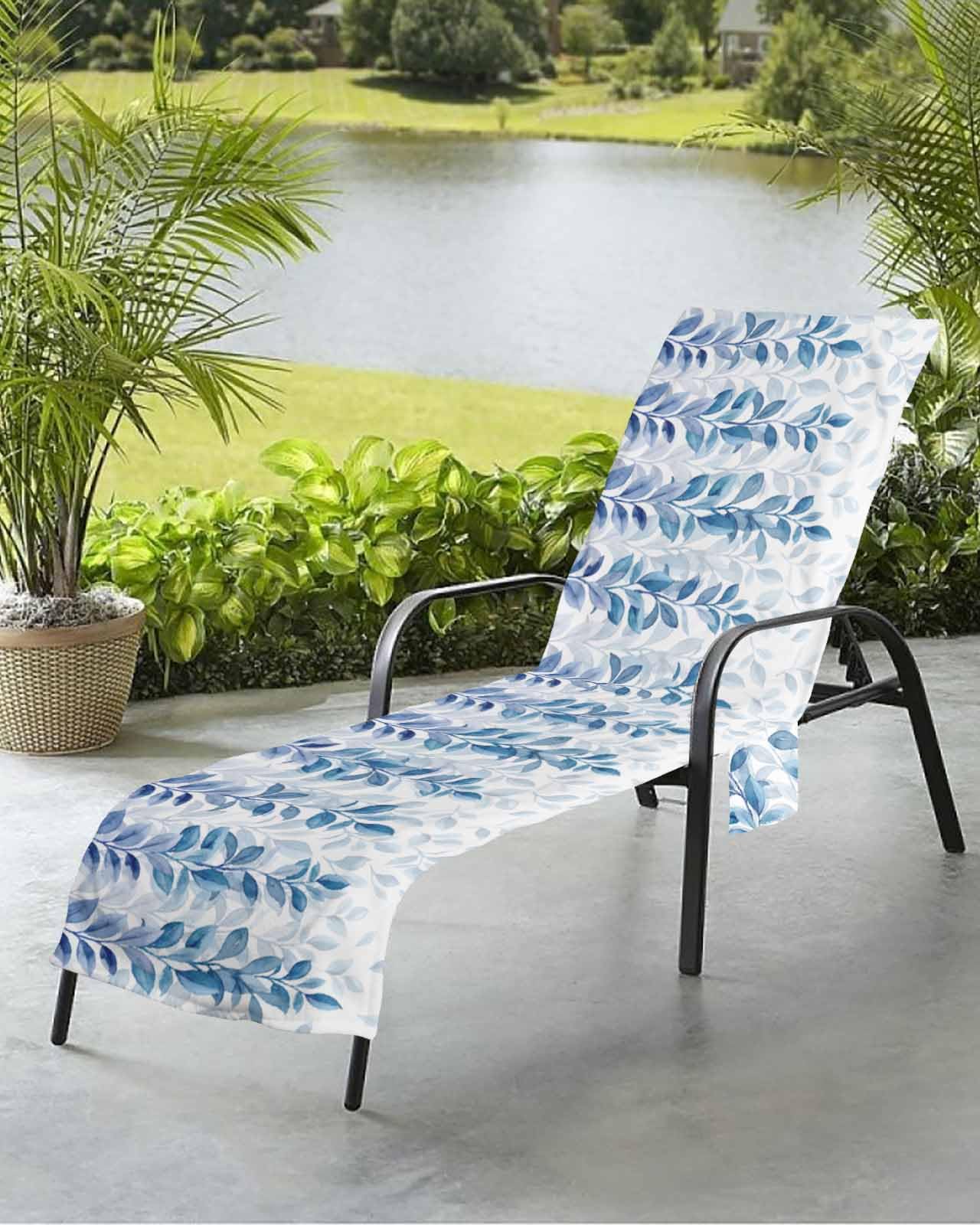 Blue Leaves Beach Chair Towel Covers for Chaise Lounge With Side Pocket, Soft Plush Pool Towels Cover for Patio Sunbathing Outdoor 29''x85'' Modern White Watercolor Botanical Plant