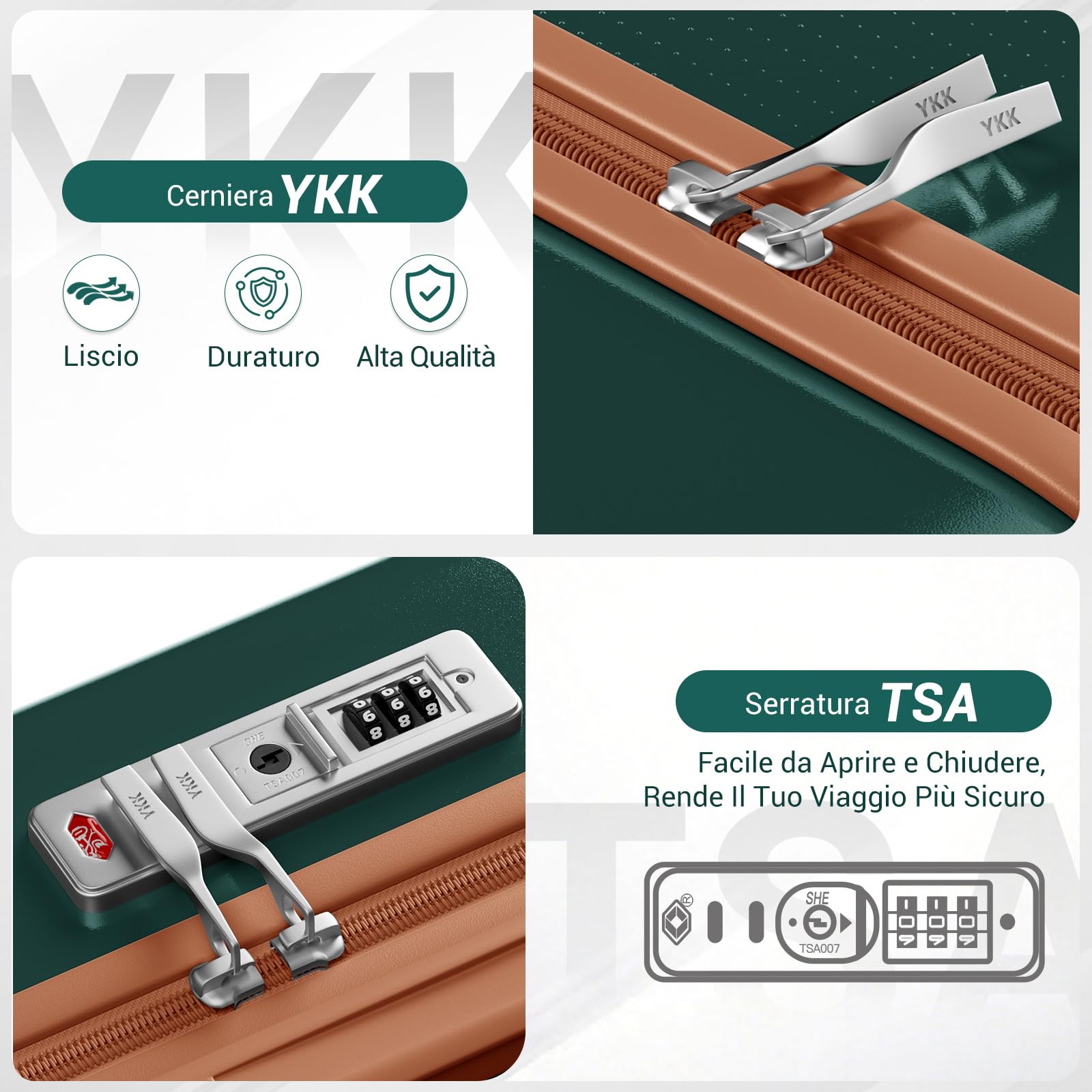 KONO Valigia Media Rigida in ABS+PC, Trolley Leggero con 4 Ruote Doppie 360° Silenziose, Serratura TSA, Effetto Sfumato (65 cm, Verde)