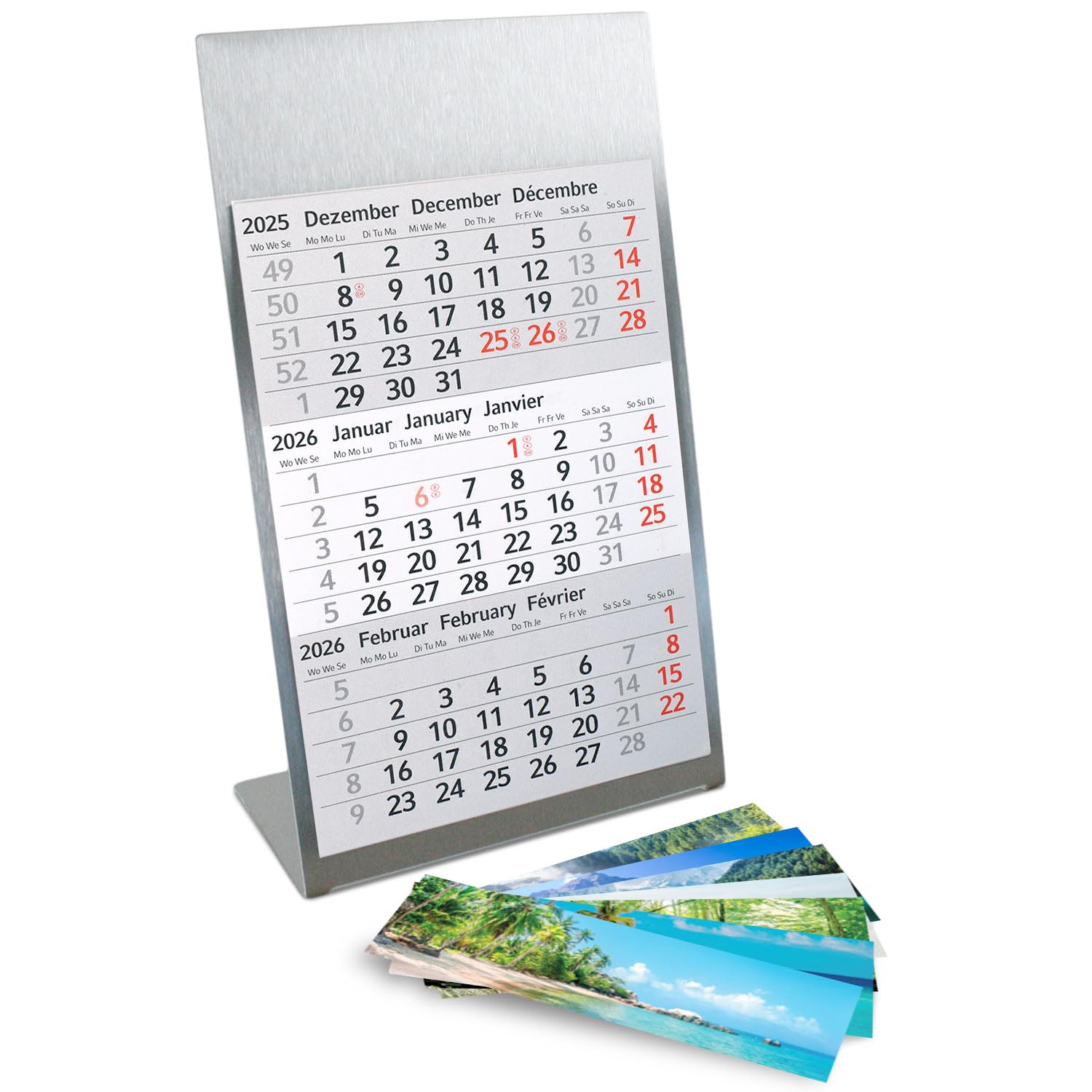 Desk Calendar for Standing Stainless Steel I Landscape Motifs I for 2 Years 2025/2026 I 3-Month Calendar Block Magnet I Multilingual D/GB/F I Silver Matt Small I tr082