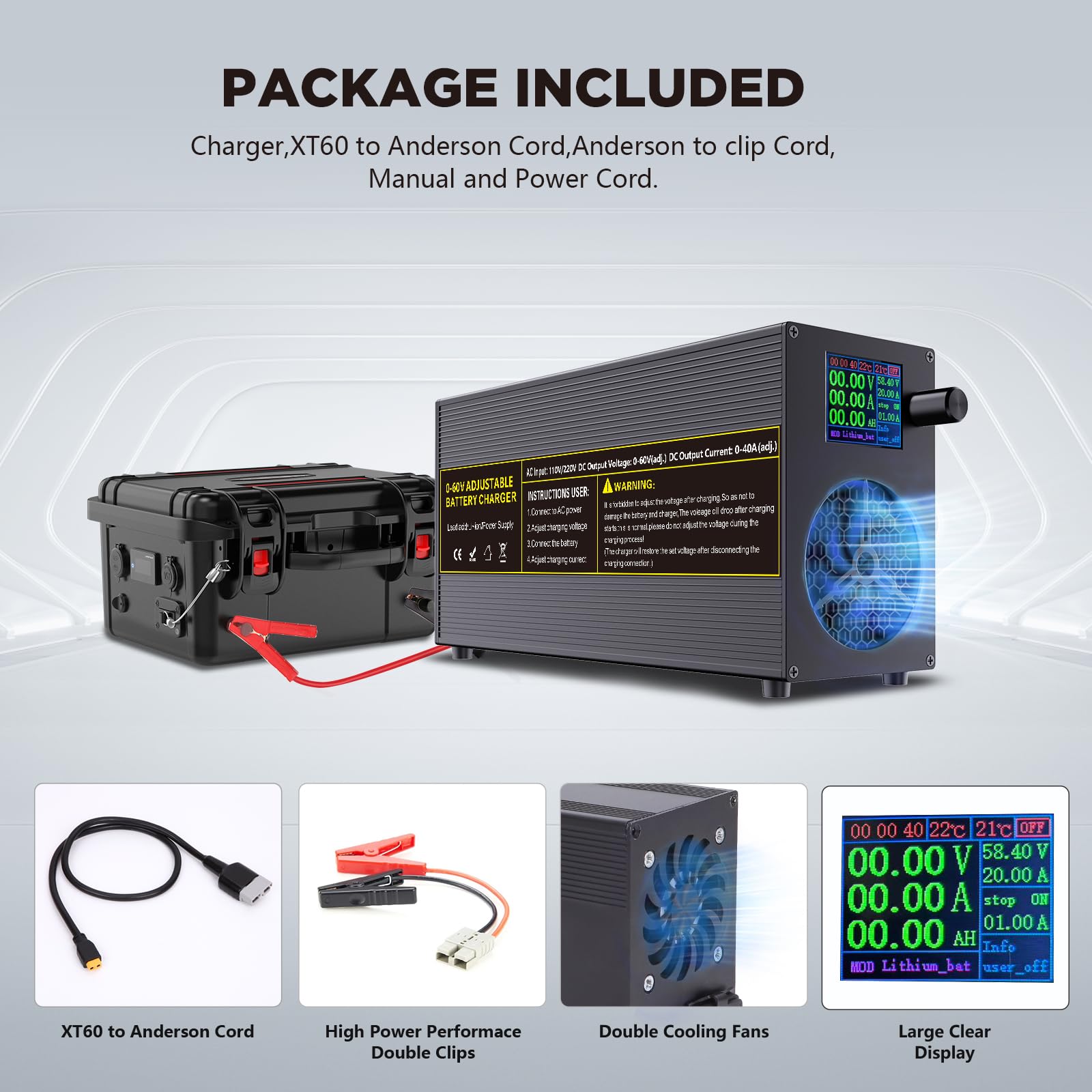 Cargador Universal Inteligente Ajustable de 60 V / 40 A para baterías de 12 V / 24 V / 36 V / 48 V LiFePO₄, Litio y Plomo-ácido, con Pantalla multifunción, Conector Anderson y Pinzas de cocodrilo