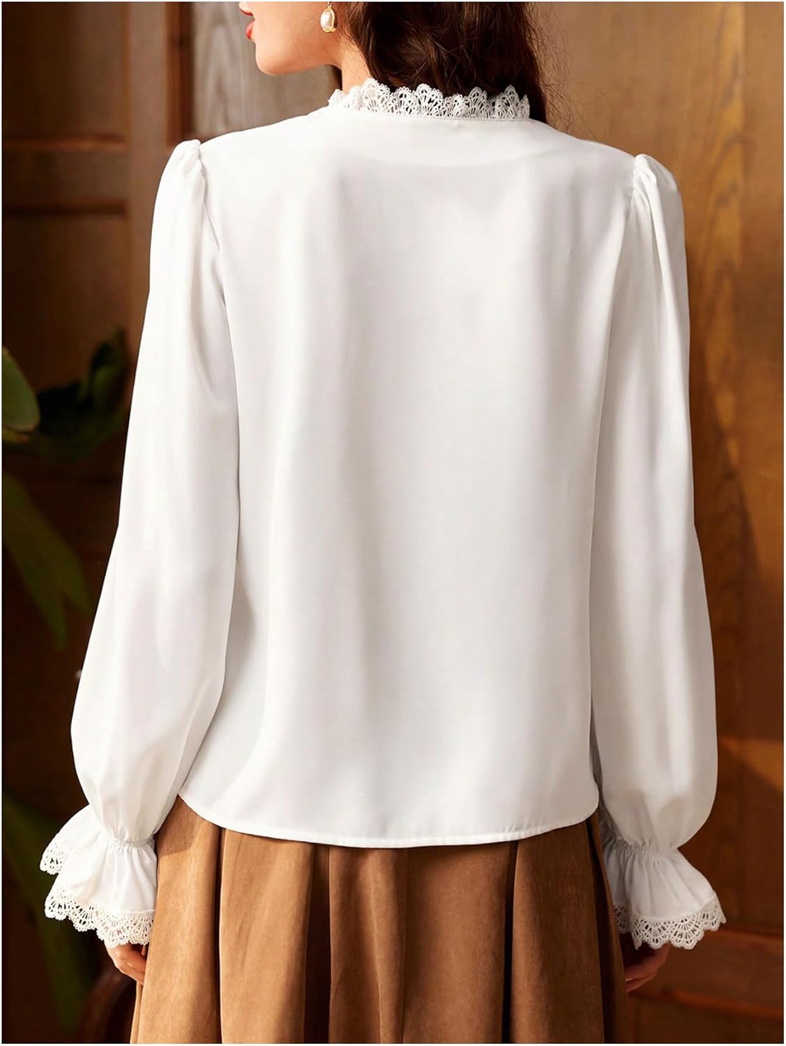 SHENHE Women's Lace Trim Button Up Shirt V Neck Long Sleeve Elegant Vintage Blouse Top - Image 2