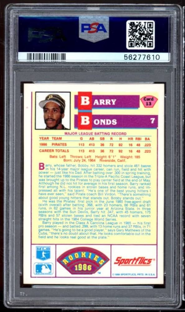Amazon.com: Barry Bonds Rookie Card 1986 Sportflics Rookies