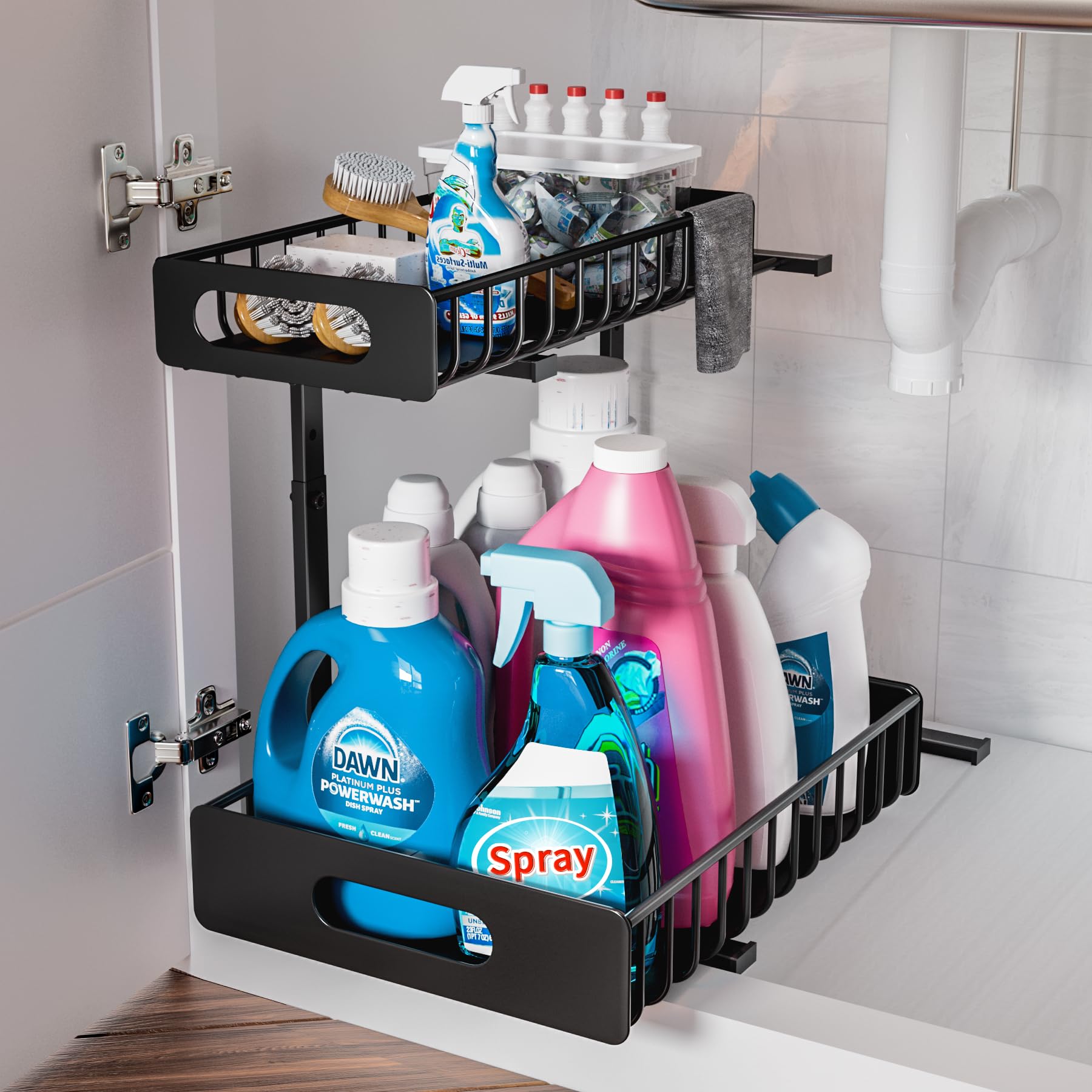 HBL' 1-Pack Large Metal Under Sink Organizer, 2-Tier Slide-Out Under the Kitchen Sink Organizer and Storage,Height Adjustable Under Sink Storage