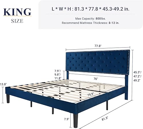 Miniatura 2 de Allewie Base de cama tapizada de terciopelo tamaño King con botón de diamante ajustable y cabecera con ribete de clavos, soporte de listones de Azul