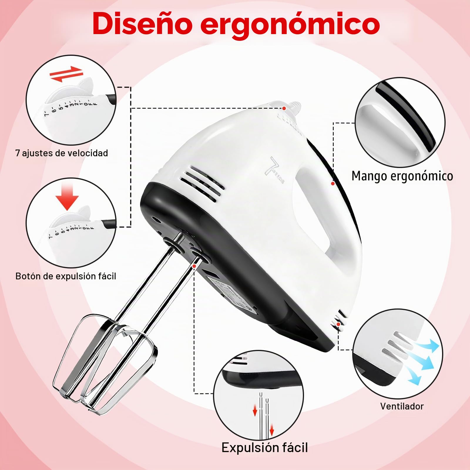 Leaflai Batidora eléctrica de mano con 7 velocidades, varillas eléctricas, 4 cuencos grandes, cuencos insertables de acero inoxidable, vasos medidores, cucharas y varillas Turbo Boost para la cocina