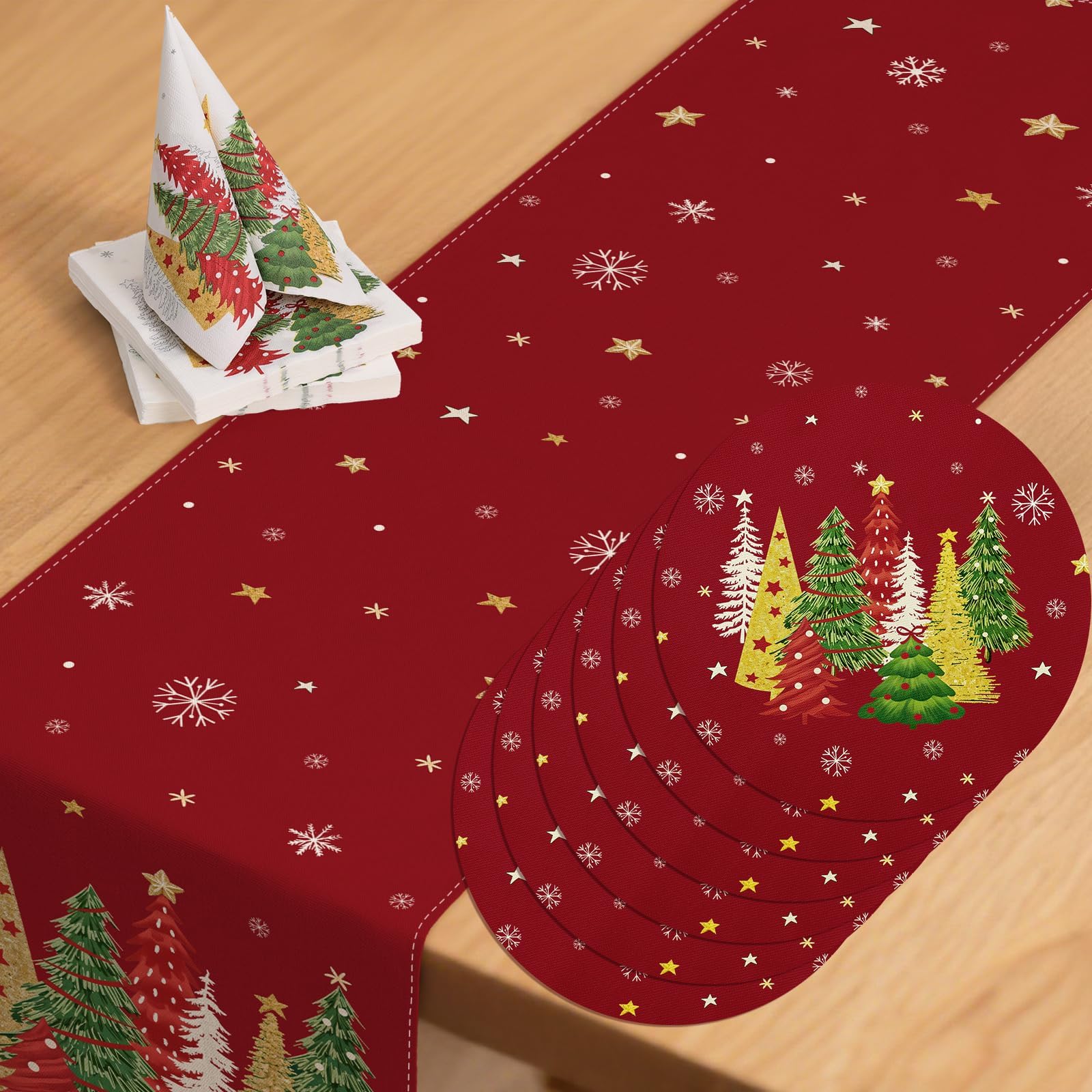 ZWJD Christmas Table Decoration Set 1 x Table Runner (40 x 180 cm), 6 x Round Placemats & 2 x Pack of Paper Napkins (40 sheets), Red with Christmas Tree, Festive Décor for Winter, Room & Living Room