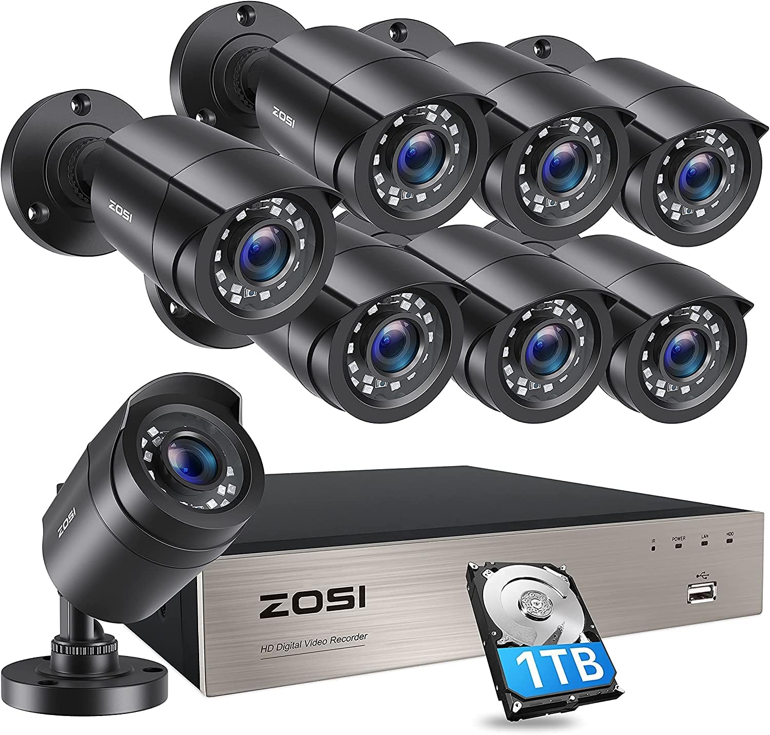 ZOSI 8CH 1080P Security Camera System with 1TB Hard Drive H.265+ 8 CH 5MP Lite Video DVR Recorder with 8X 1080P HD 1920TVL CCTV Cameras, Motion Alert, Easy Remote Access (Renewed)