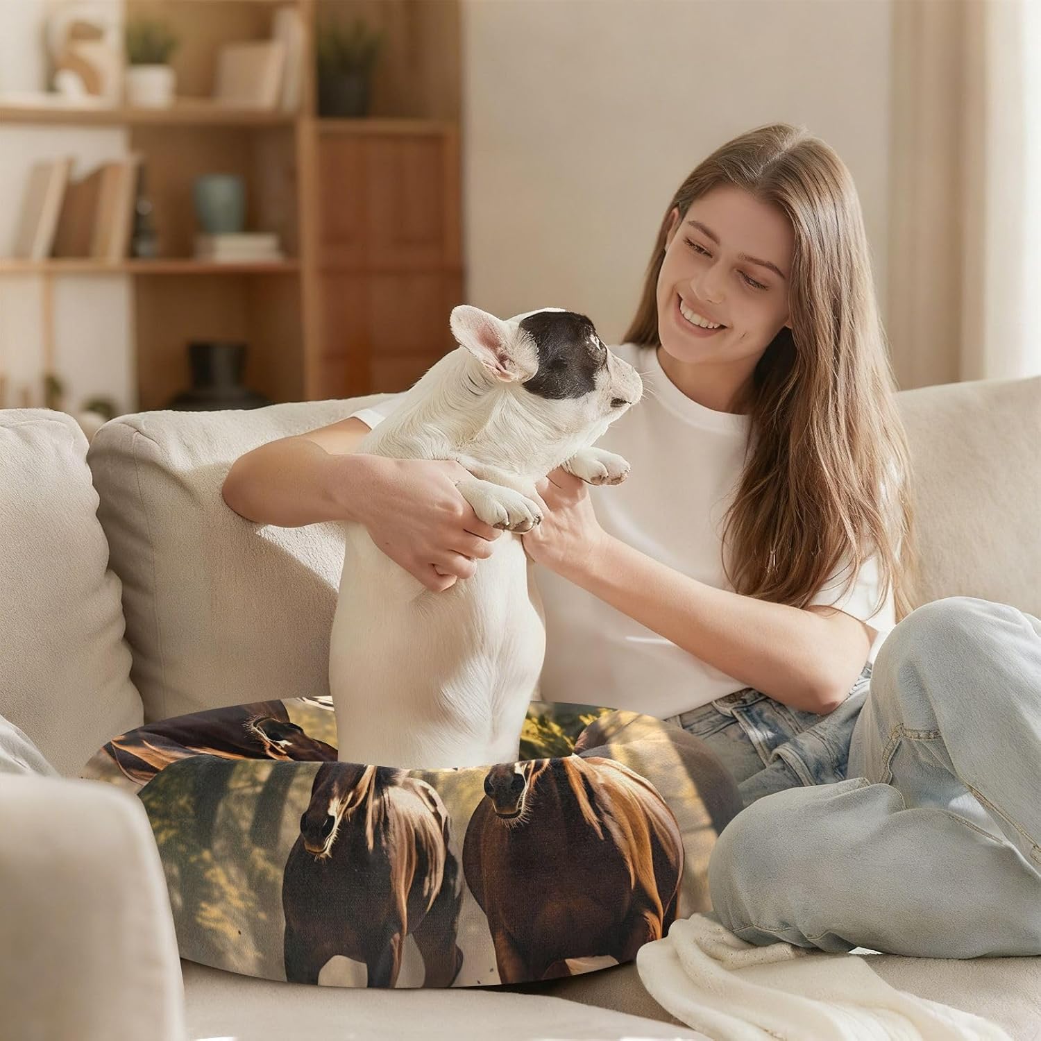 Horse Running Brown Pet Dog Beds Calming Anti Anxiety Dog Pillow Bed for Small Size Pets Sleeping S
