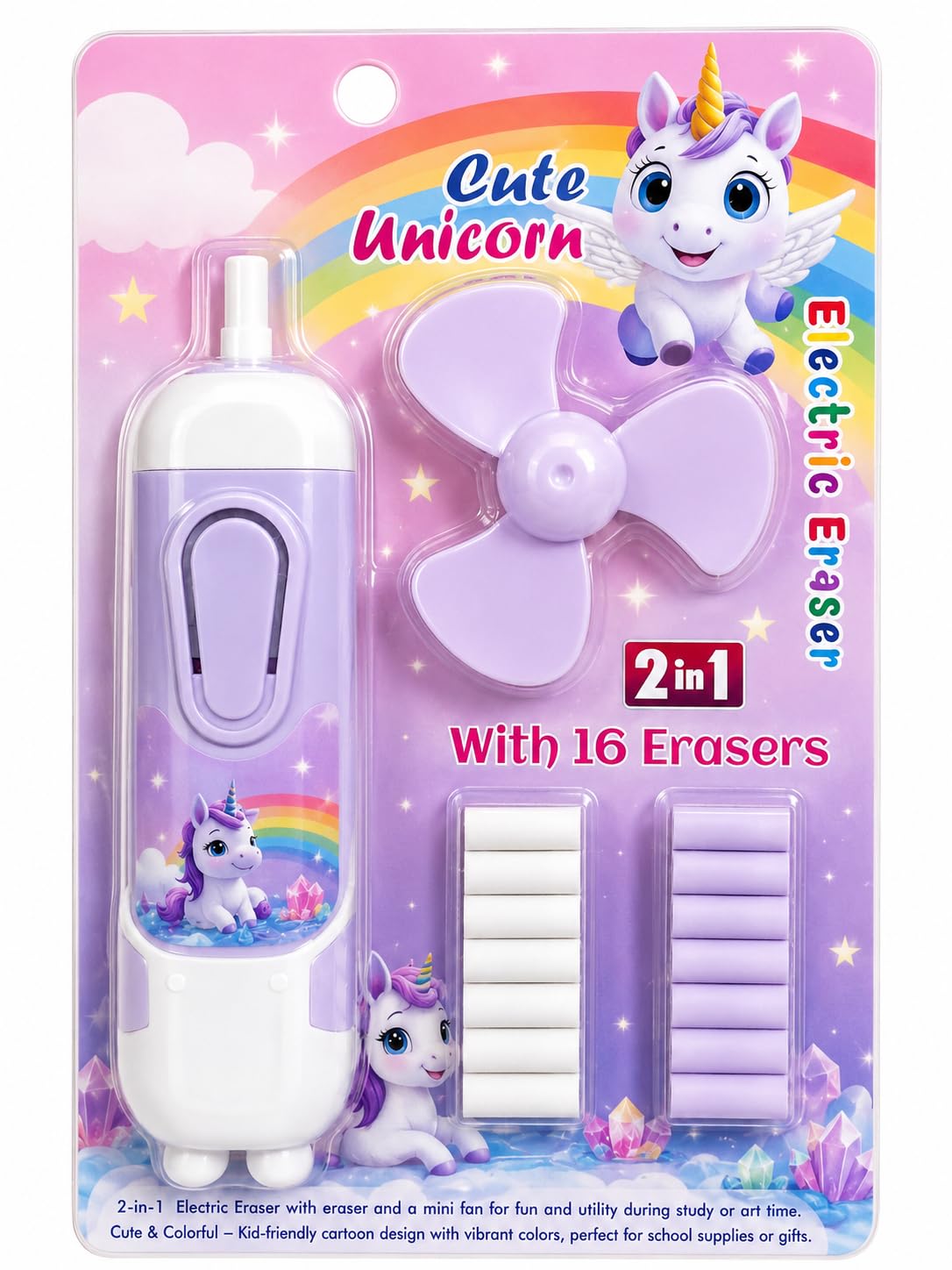 2-in-1 Electric Eraser with Mini Fan (Unicorn Design) (Purple)-image-12