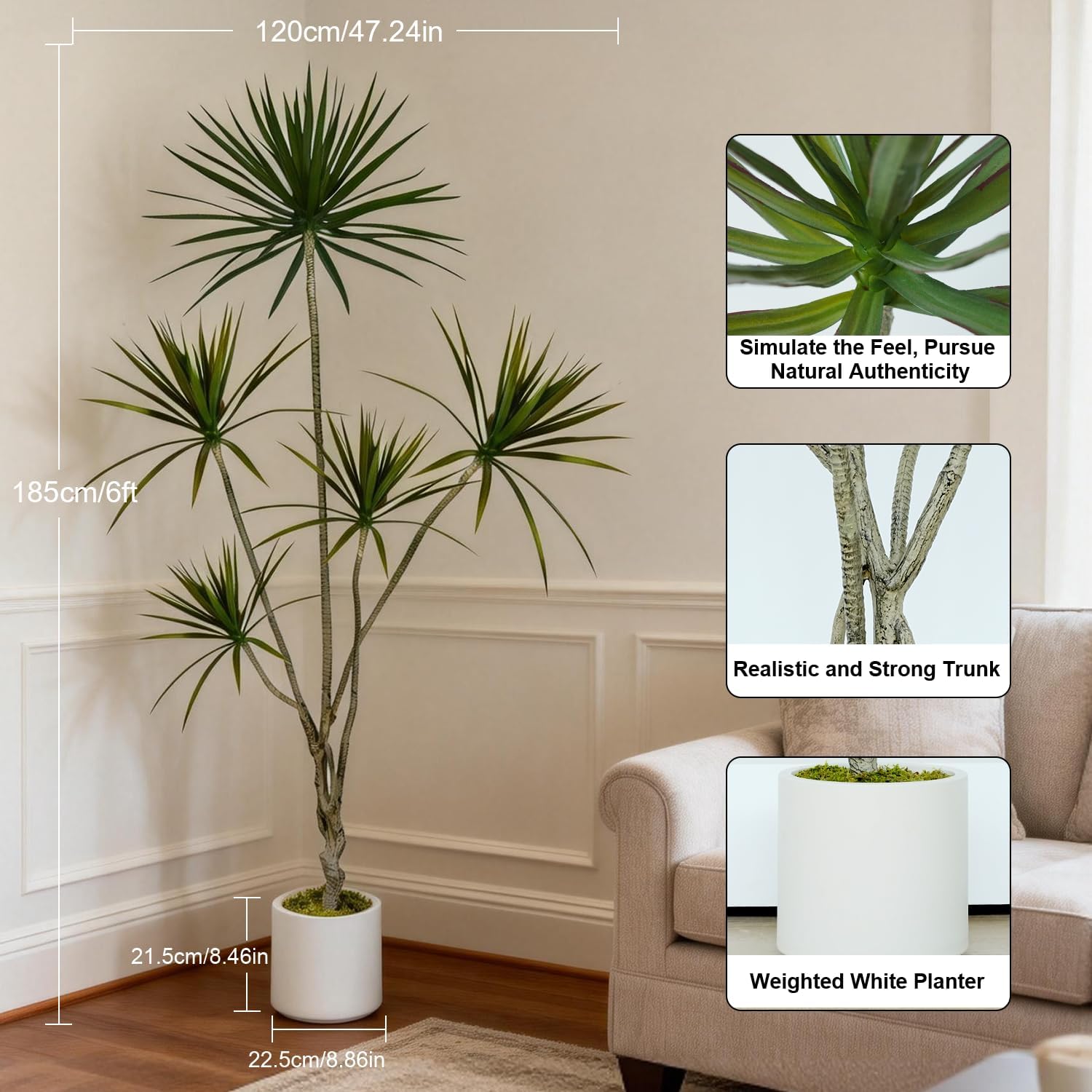 Artificial Dracaena marginata Tree, 6ft Tall Faux Tree with Heavy Base, Large Floor Plant Fake Tree for Indoor, Artificial Plant for Home Office Living Room Decor - Image 4