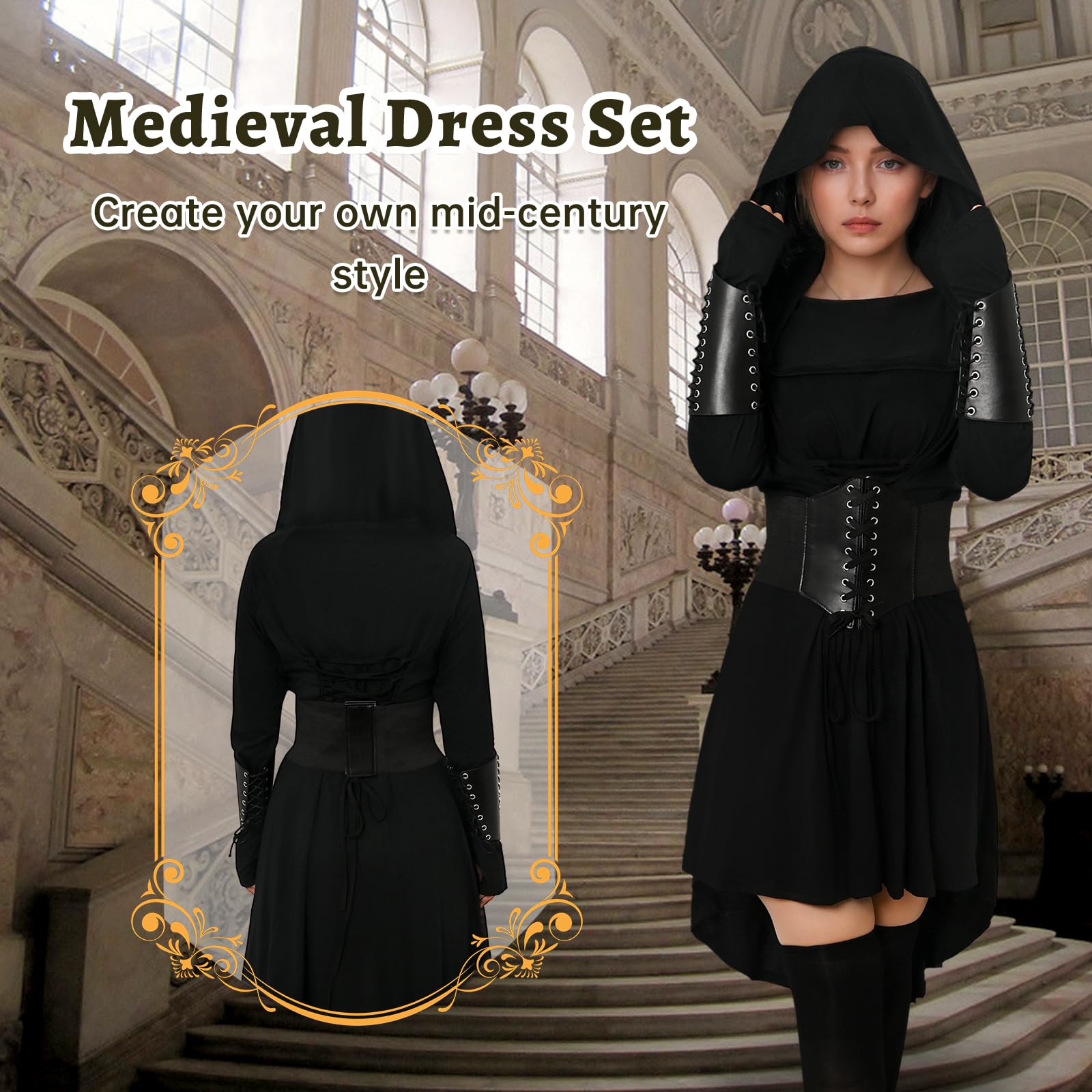 Vestito medievale da donna in stile gotico, con cappuccio, per donna, con corsetto, per carnevale, Halloween, feste