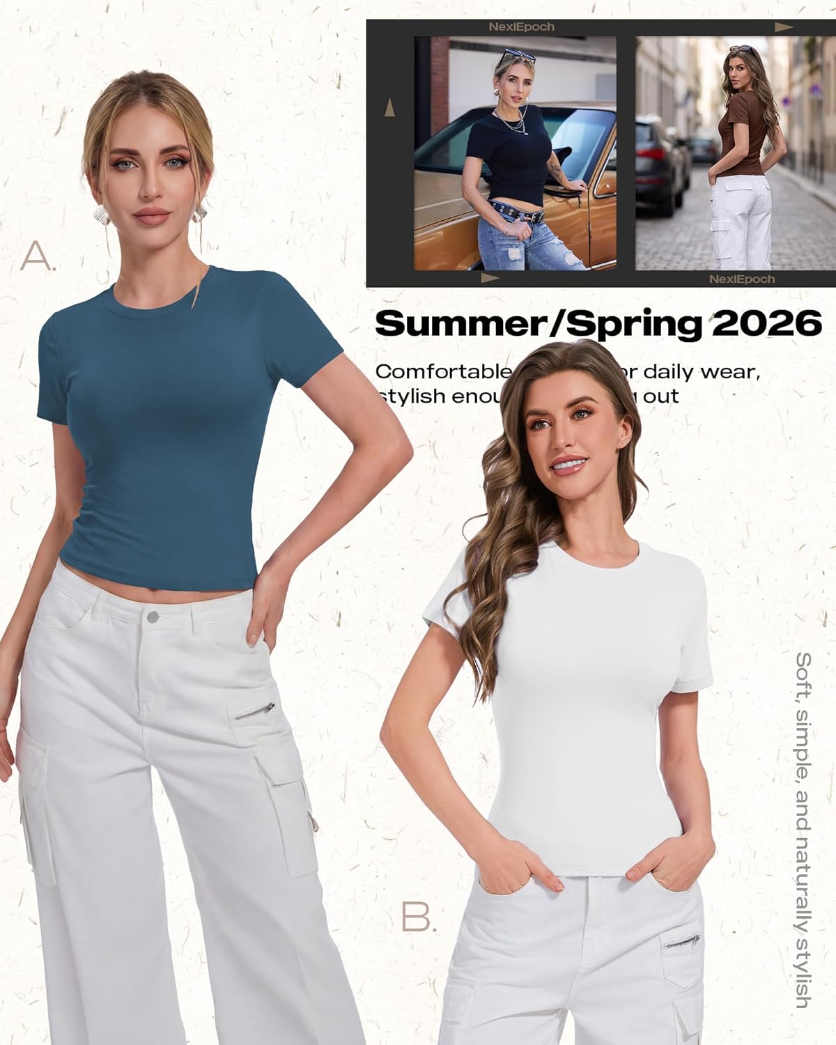 NexiEpoch 5 Pack T Shirts for Women - Crew Neck Short Sleeve Crop Tops Plain Casual Basic Tees Fitted Clothes Cute Y2K Outfit - Image 2