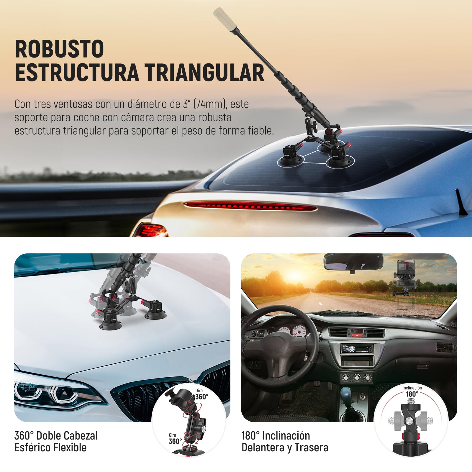 NEEWER Kit Montaje para Coche 2 en 1 Triple Ventosa Palo de Selfie Brazo Mágico Liberación Rápida para Action Cam GoPro Insta360 CA065