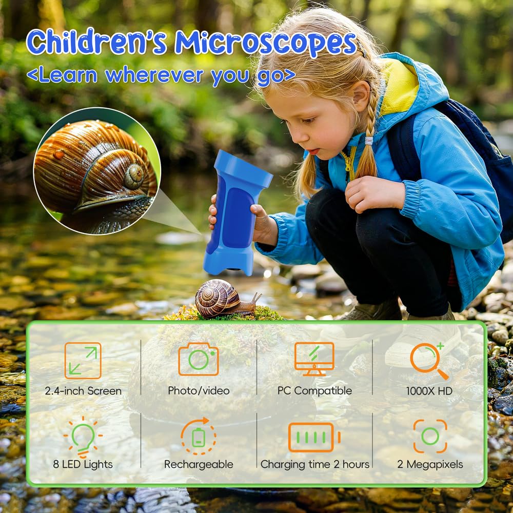 Mikroskop für Kinder, Temodu 2.4" Bildschirm, 1000X USB Tragbares Taschenmikroskop, Wiederaufladbares Tragbares Mikroskop, Mikroskope Anschluss an PC, Science draussen ab 3 Jahren (Blue)