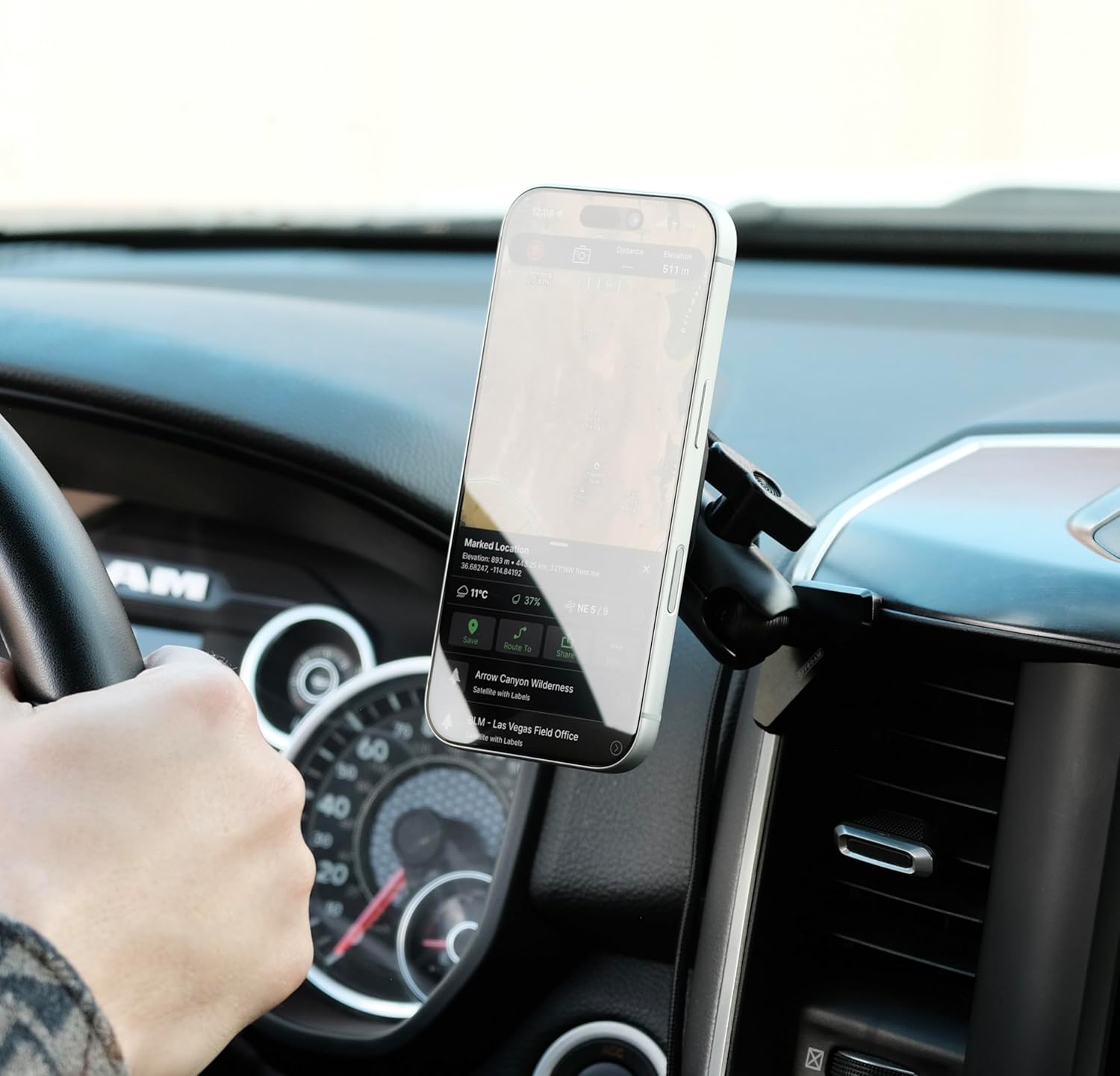 Offroam Non-Charging Phone Mount Made for MagSafe and Made for Ram 1500/2500/3500 2019-2026, Aluminum, Dashboard Mounting, 360-Degree Adjustable, High Strength Magnets