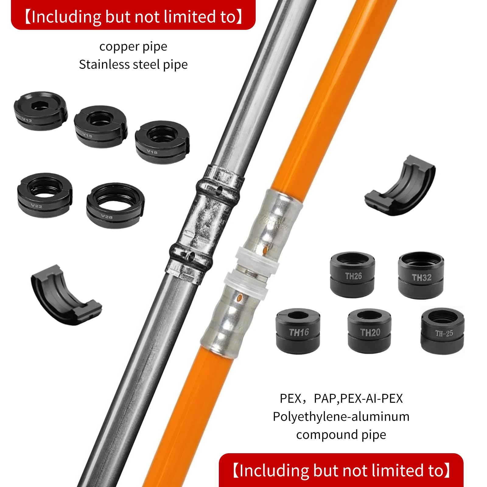 Alicates de crimpado hidráulicos, herramientas de fontanería, incluye 5 troqueles de crimpado de tubo de cobre: 12, 15, 18, 22, 28 mm, apto para prensado de tubos de cobre, más 4 troqueles de