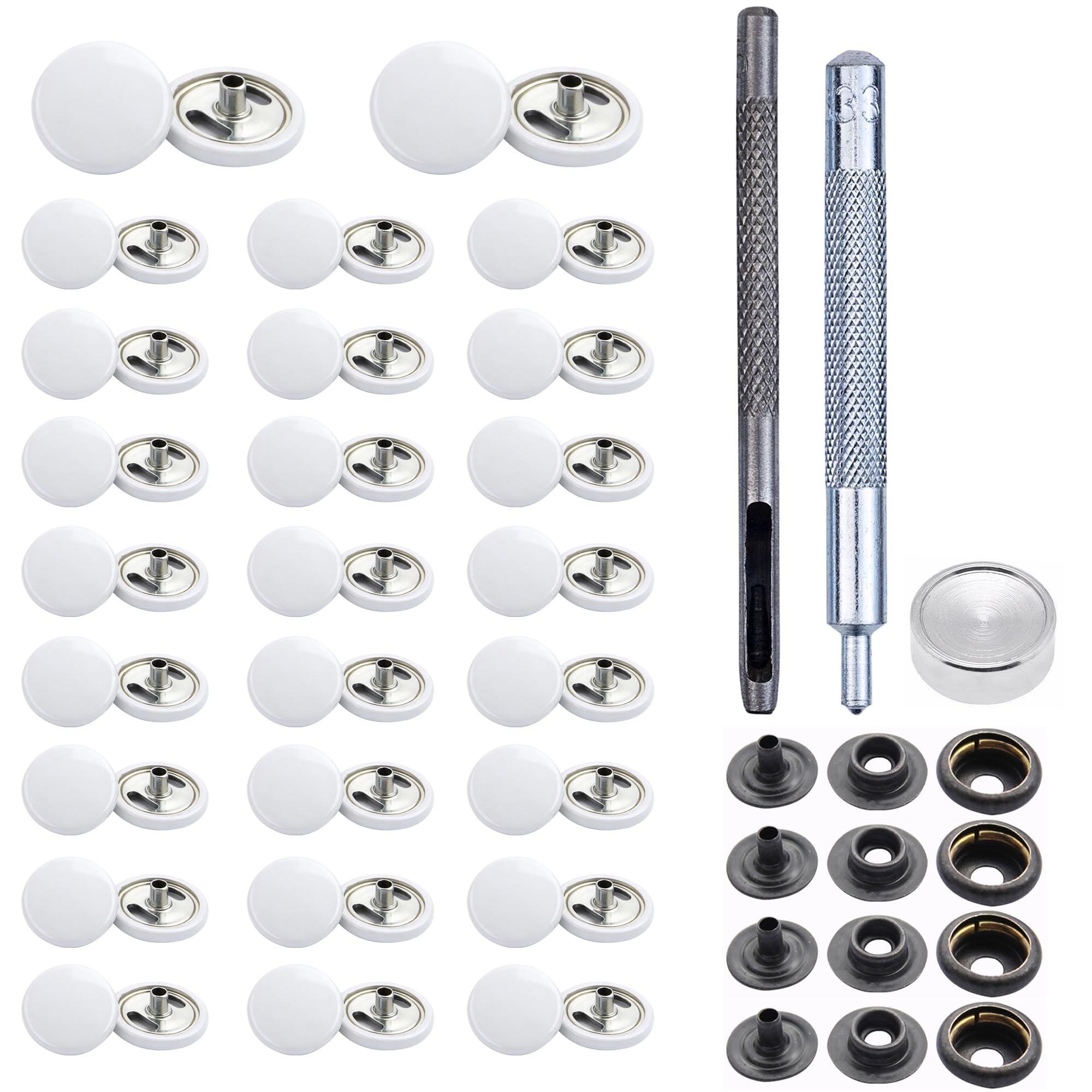 Trimming Shop 15mm Botones a Presión 4 Parte, Durable y Ligero Metal Cierres con Mano Fijación Herramienta para Jeans, Cuero, Tiras Costura Proyectos, Ropa Reparación - Blanco, 500pcs