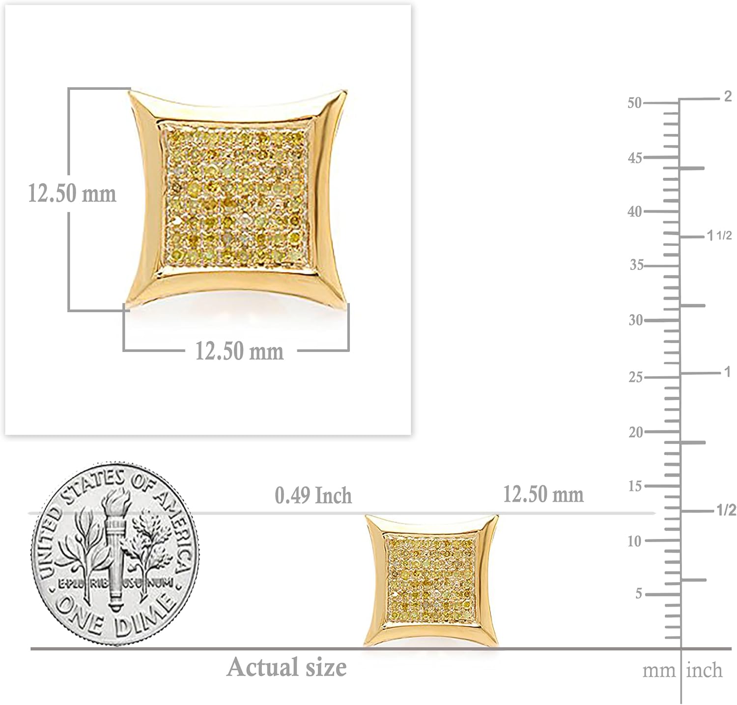 Dazzlingrock Collection 0.33 Ctw Natural Round Yellow Diamond 12.5mm Kite Micro-pave Hip Hop Studs, Unisex Design Ladies,Mens Real Diamond Earrings