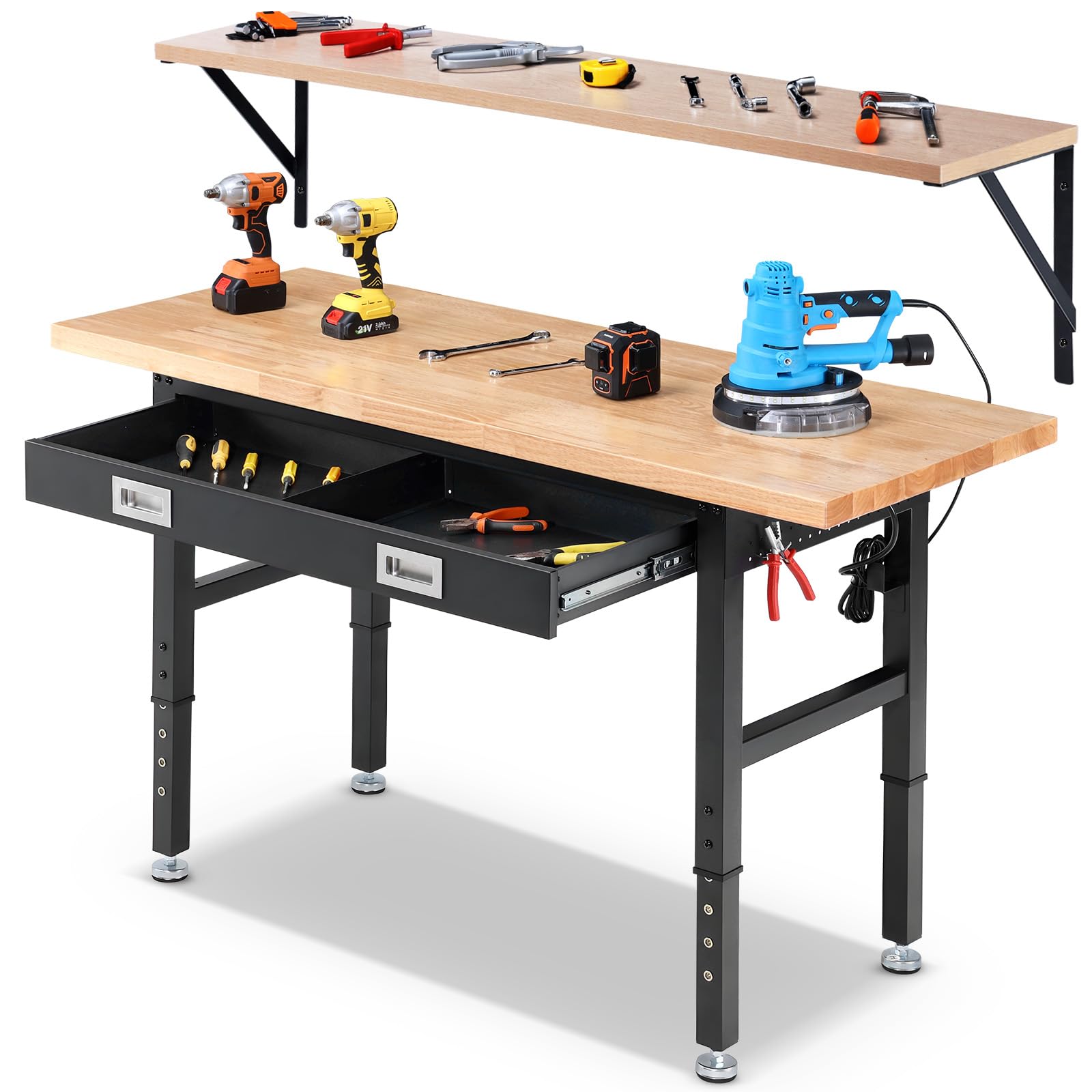 ENJOYWOOD Workbench with Drawers 60 Inch Work Bench for Garage Adjustable Heavy Duty Garage Workbench with Shelf Bracket,Power Outlets for Woodworking