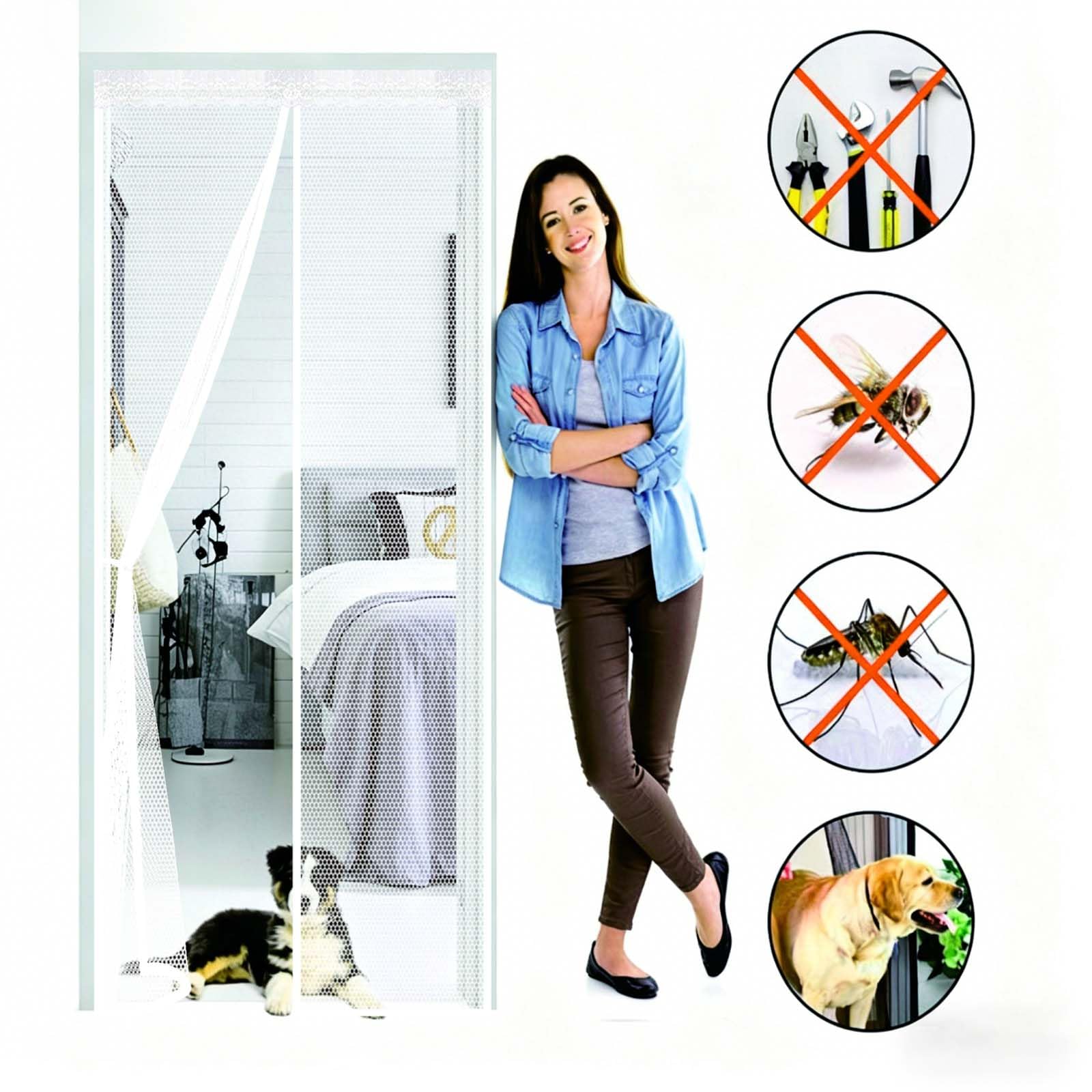 Magnetvorhang 140 x 231 cm Magnetischer Selbstschließend, Ohne Bohren, Reißfest Langlebig, Bis Gegen Fliegen, mit Klettverschluss, Balkon Insektenschutz Tür für Balkontür, Weiß