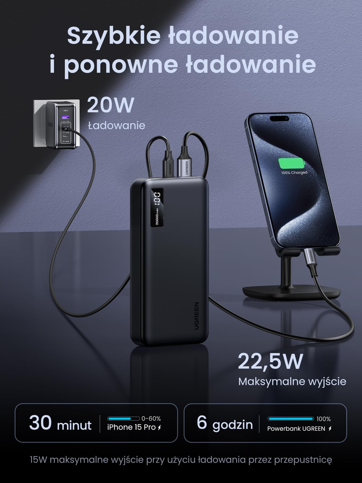 UGREEN Power Bank 20.000mAh 22.5W, Zewnętrzny bank energii z wejściem i wyjściem USB C PD 20W Powerbank z cyfrowym wyświetlaczem, kompatybilny z iPhone 15 Pro/Pro Max/15/14, Galaxy S24 Ultra innymi.
