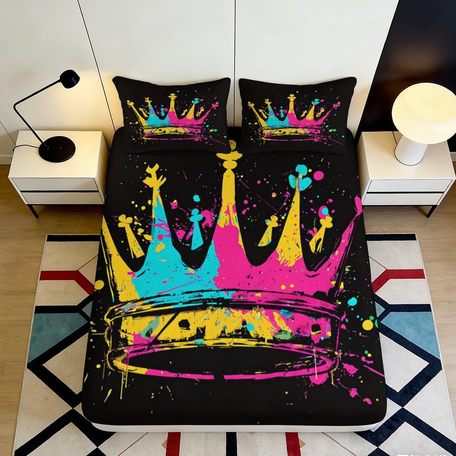 3D Printed Graffiti Crown Fitted Sheet Microfiber Deep Pocket Non-Slip Bedding Set Artistic Mattress Fitted Cover for Adults 90x200x25cm