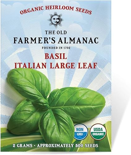 The Old Farmer's Almanac Semillas de albahaca orgánica (hoja grande italiana) – Aproximadamente 450 semillas – Certificado orgánico, sin OMG,