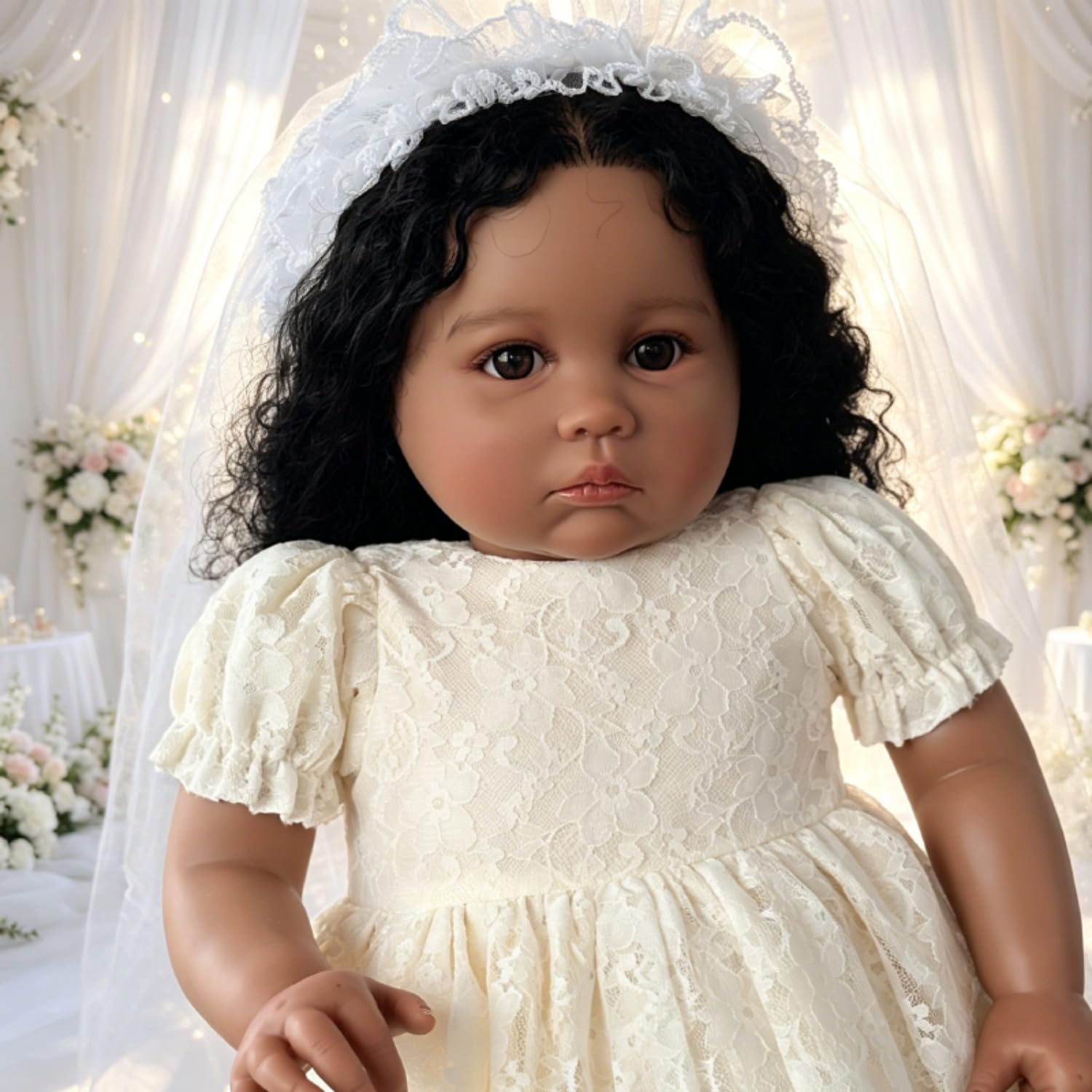 Lonian Bambole Reborn Ragazza Nere- 24 Pollici Realistico Neonato Neonati Morbido Corpo in Vinile Bambino - Realistico Bambole Reborn Bambino con Vestiti e Accessori Giocattolo (Abito beige)