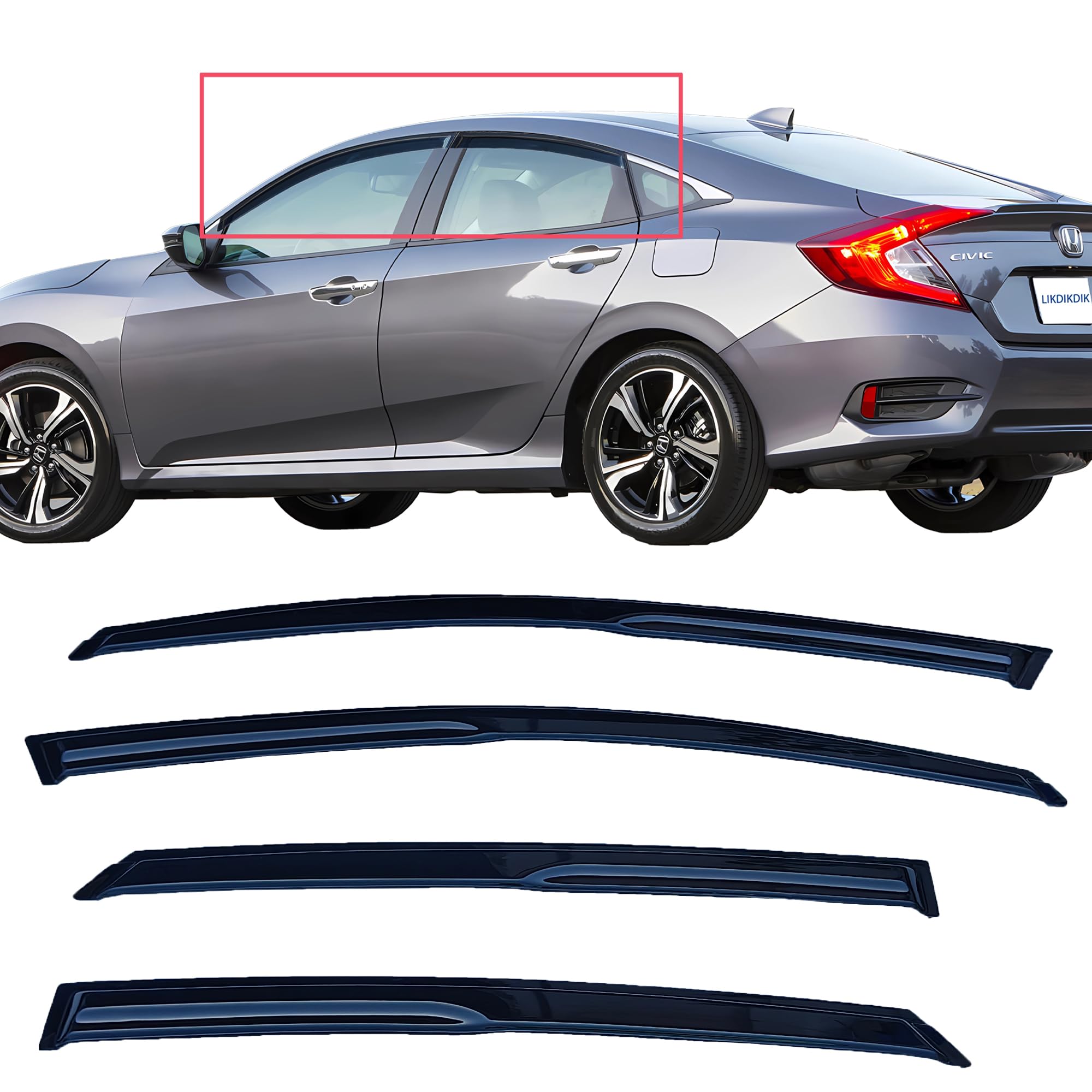 Tape On Window Visor Compatible with 2016-2021 Honda Civic Sedan, Side Vent Window Deflector Rain Guard Shade, Truck Accessories-4pcs