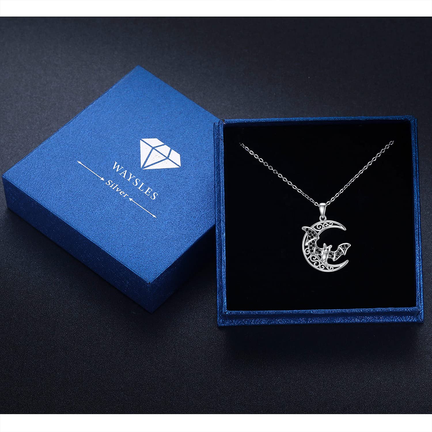 Collar de luna celta de murciélago de plata de ley 925 con colgante de luna creciente con collar de murciélago negro, joyería de Halloween, regalos para mujeres y niñas
