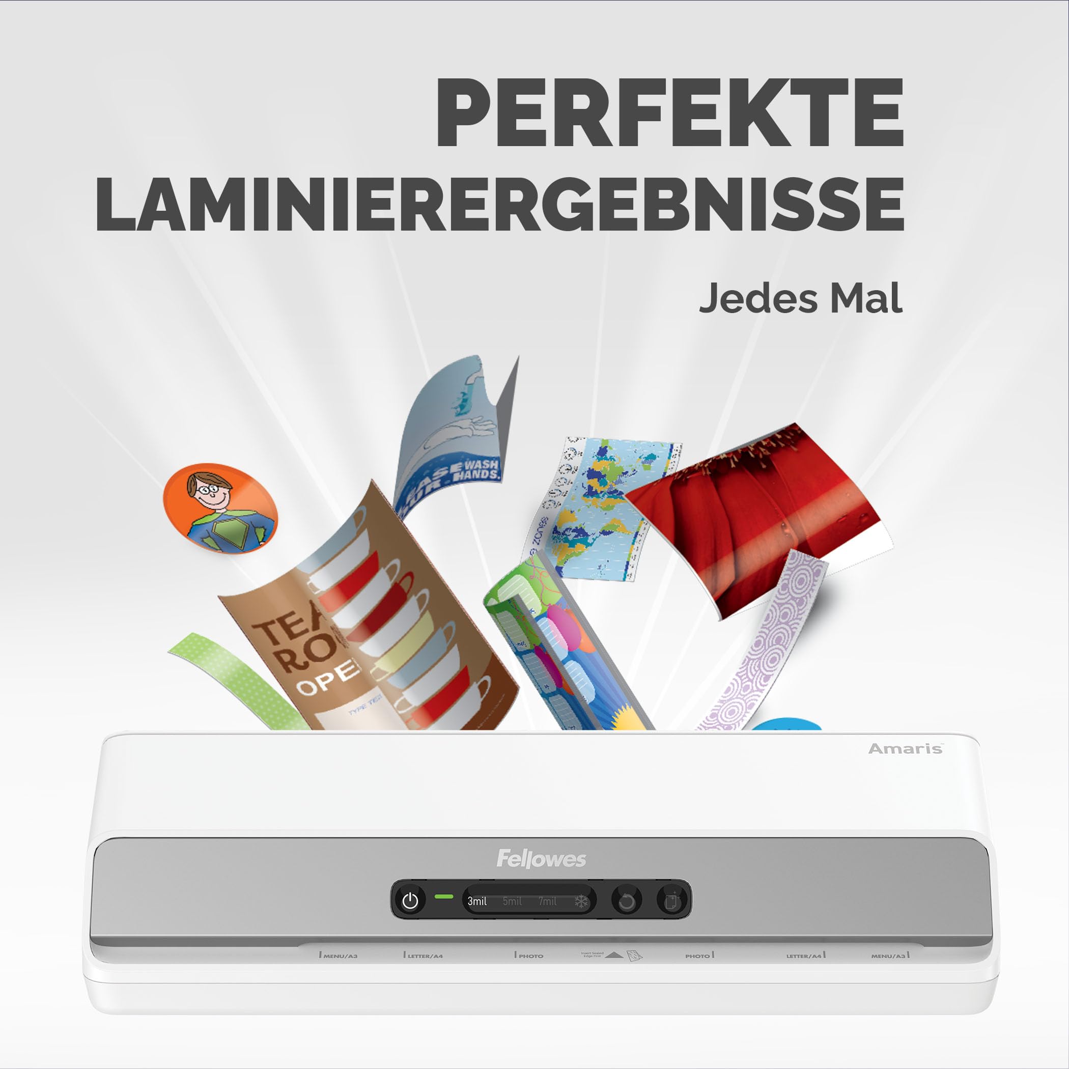 Fellowes Laminiergerät Amaris A3 - für Büro/Schule/Zuhause - nur 1 Minute Aufwärmzeit - für Heißlaminierfolien von 80-175mic - mit Rücklauf-Funktion - inkl. Starterset für 10 Laminationen