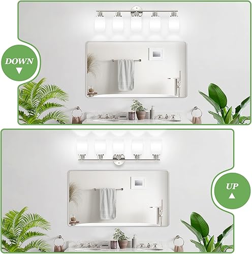 Miniatura 4 de Luces de tocador de níquel cepillado de 5 luces, lámparas de baño con pantalla de vidrio blanco lechoso texturizado, accesorios de iluminación