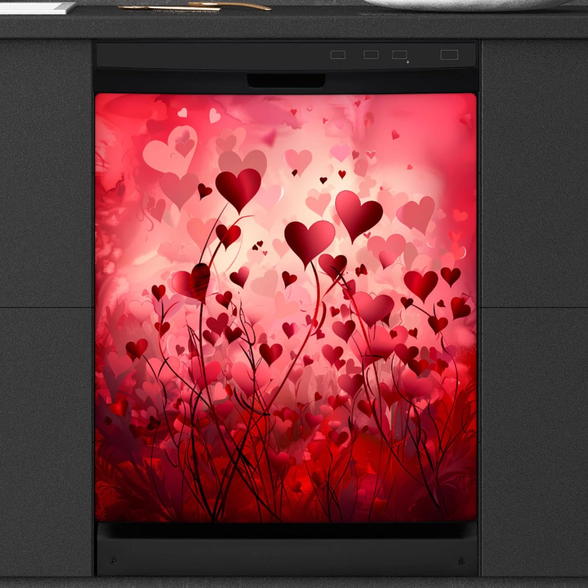 Dishwasher Magnet Cover Red Heart Flower Reusable Dishwasher Magnetic Cover Sticker Decorative Dish Washer Door Cover Panel for Home Kitcen Appliance