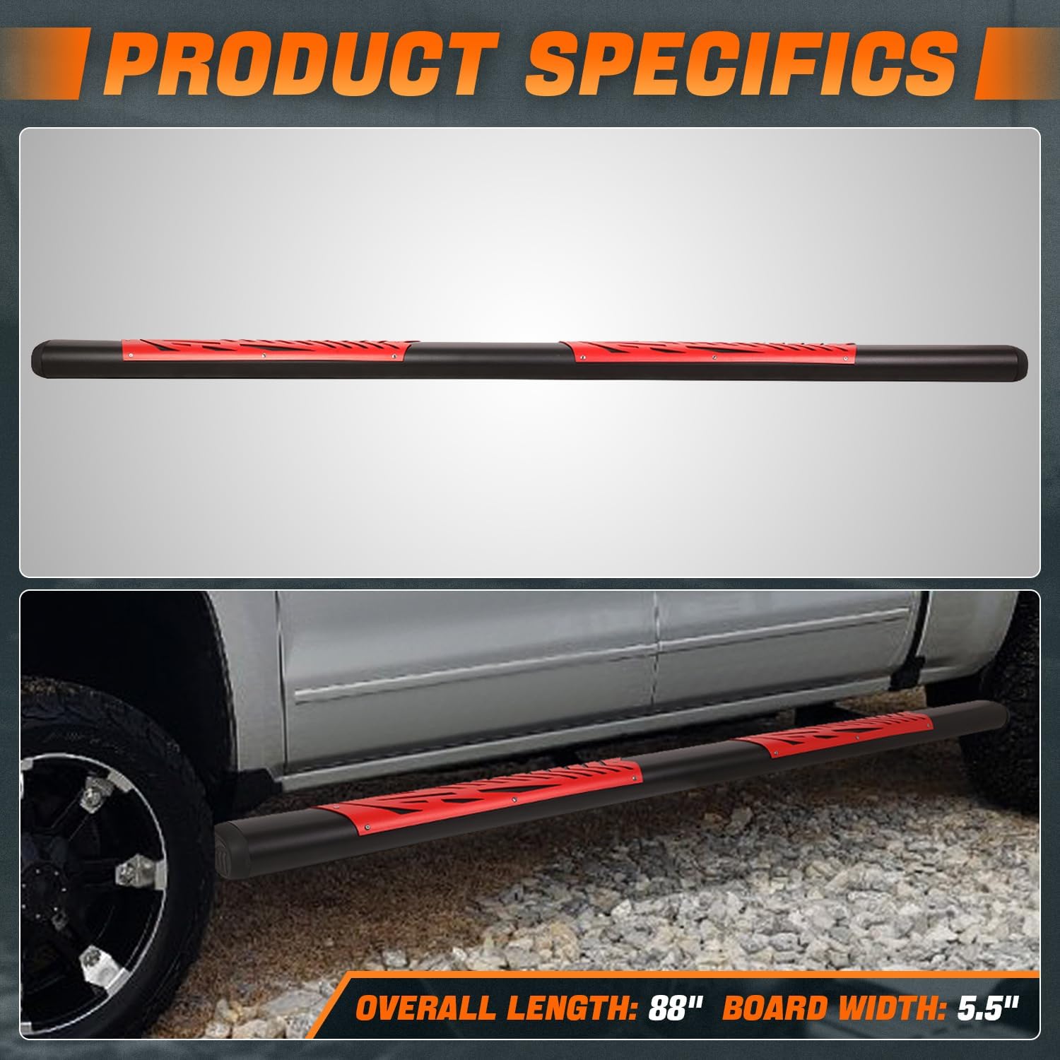 5.5 in. Black/Red Stainless Steel Oval Step Nerf Bar Compatible with 09-22 Ram 1500 Classic 2500 3500 Crew Cab CAAP-STEPS-8200BKRD-ZTL