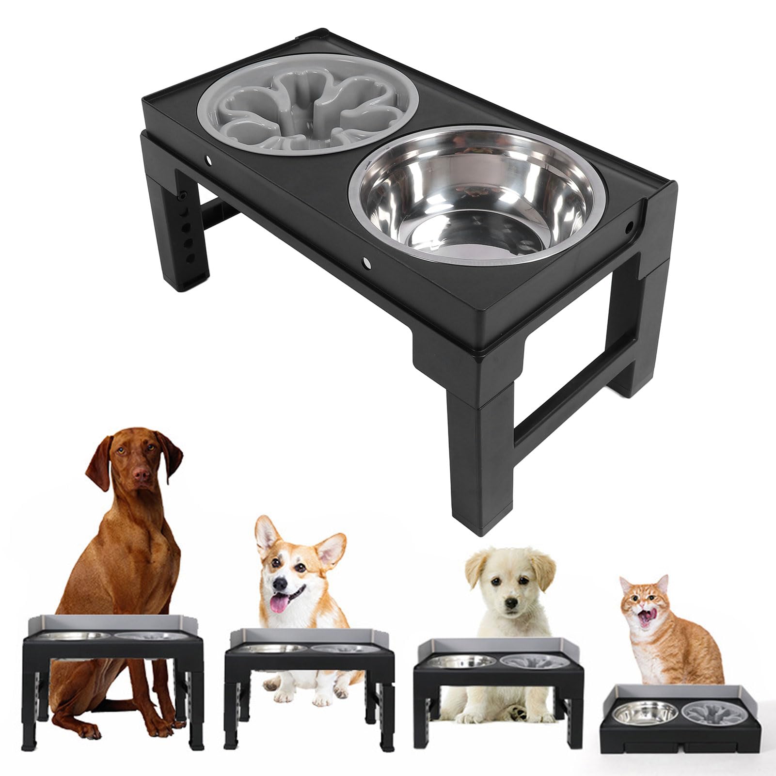 Cuencos Elevados para Perros, Comedero para Perros de Ajustable con Cuencos Dobles de Acero Inoxidable, Soporte Elevado para Cuencos para Mascotas, Fácil de Limpiar